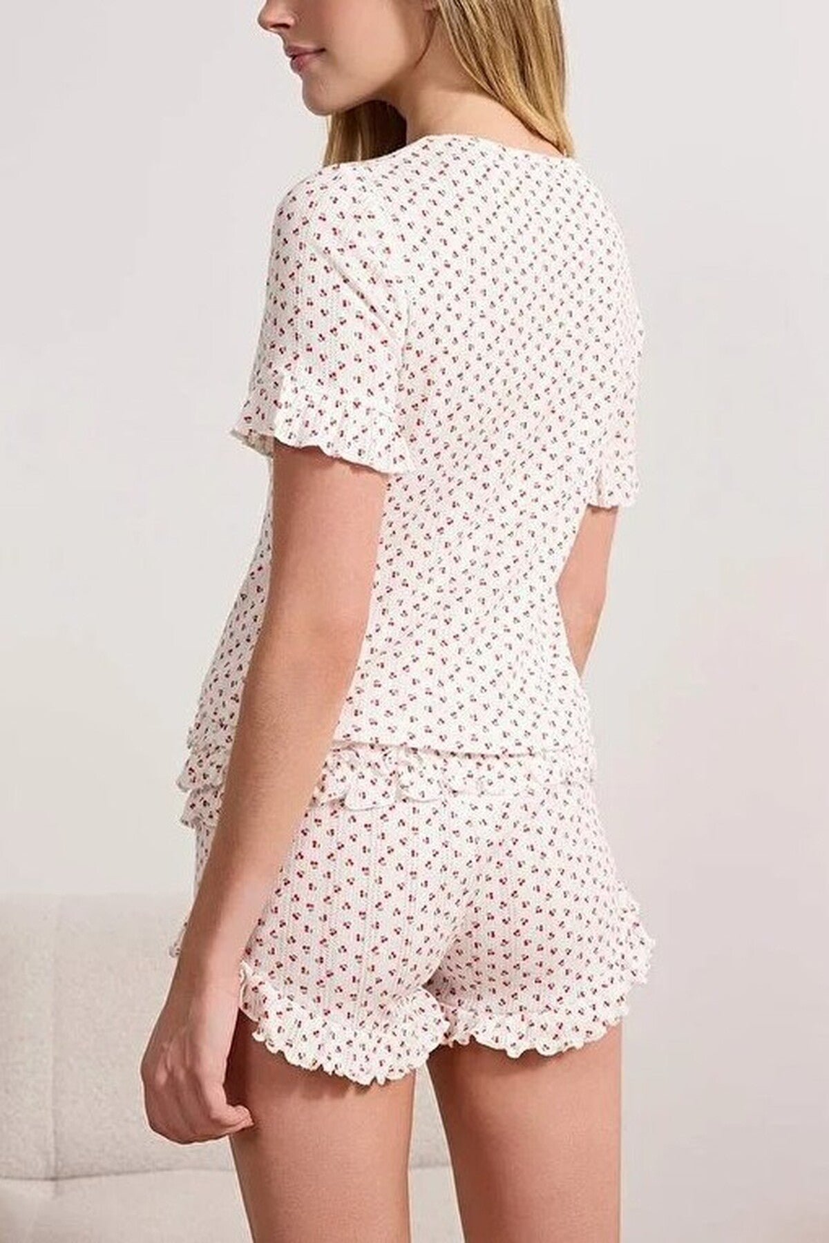 2-Piece 100% Cotton Cherry Patterned Ruffled Ribbed Pajama Set