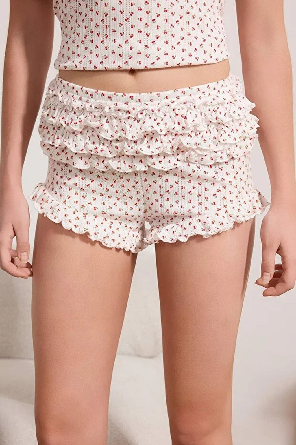 2-Piece 100% Cotton Cherry Patterned Ruffled Ribbed Pajama Set