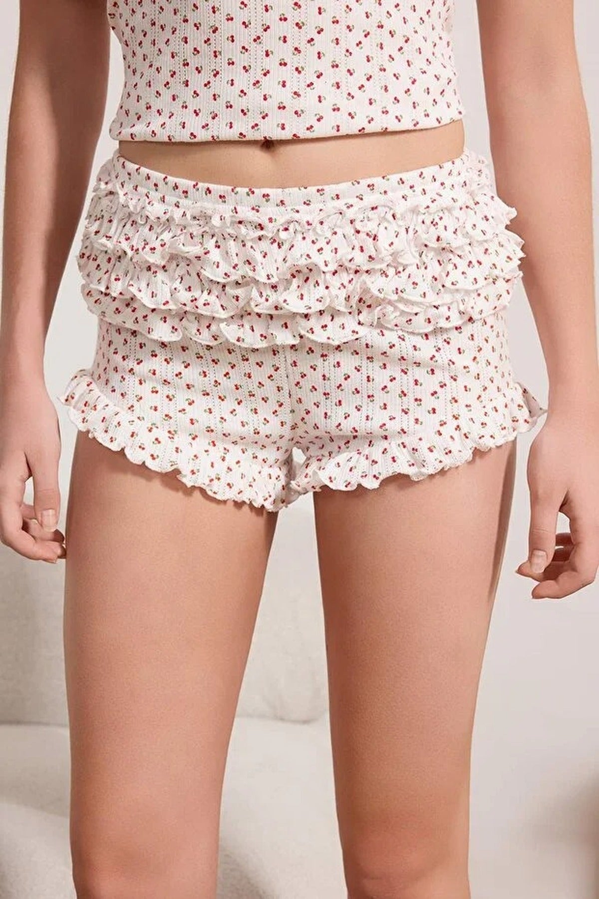 2-Piece 100% Cotton Cherry Patterned Ruffled Ribbed Pajama Set