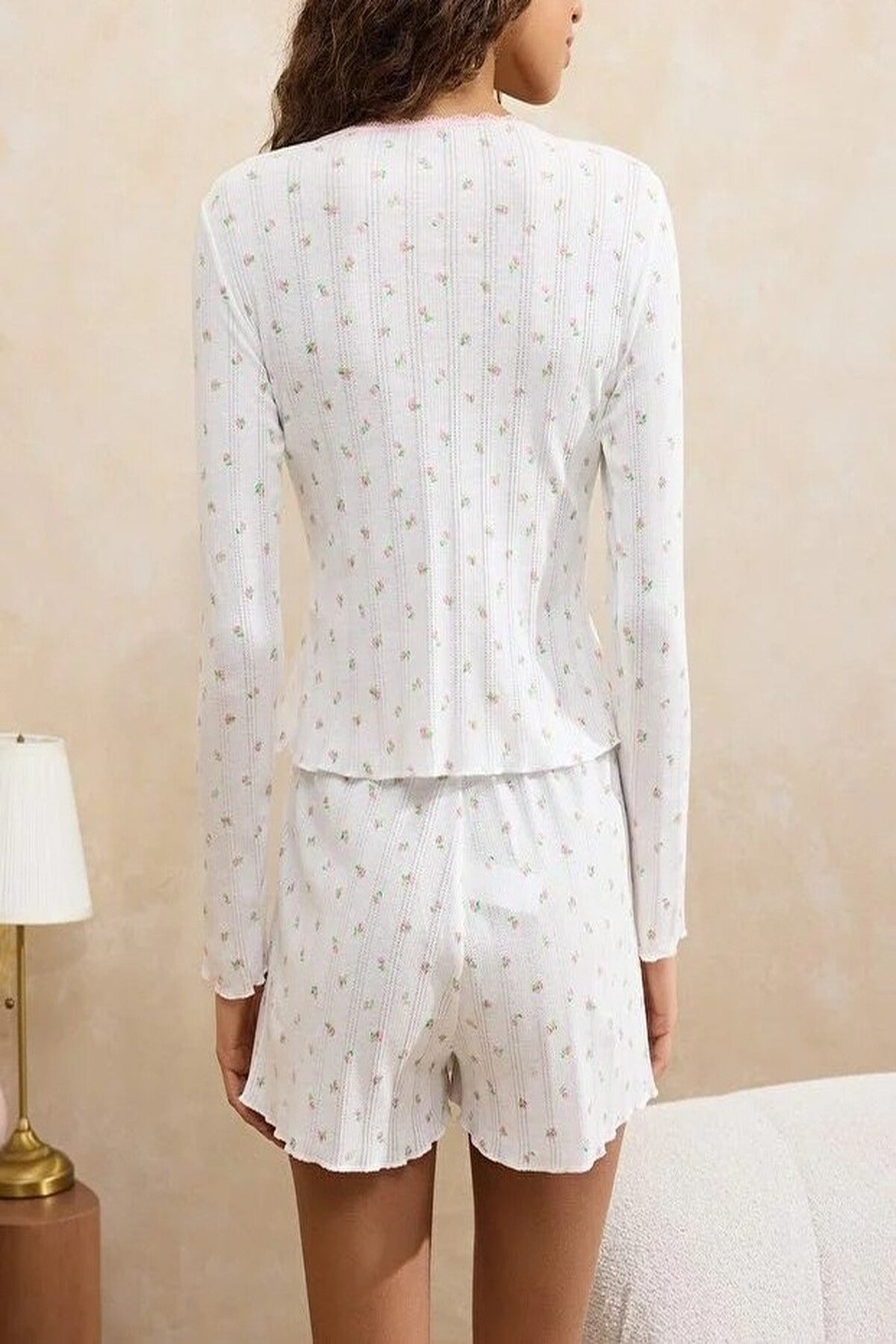 2-Piece 100% Cotton Knitted Pajama Set with Floral and Lace Details