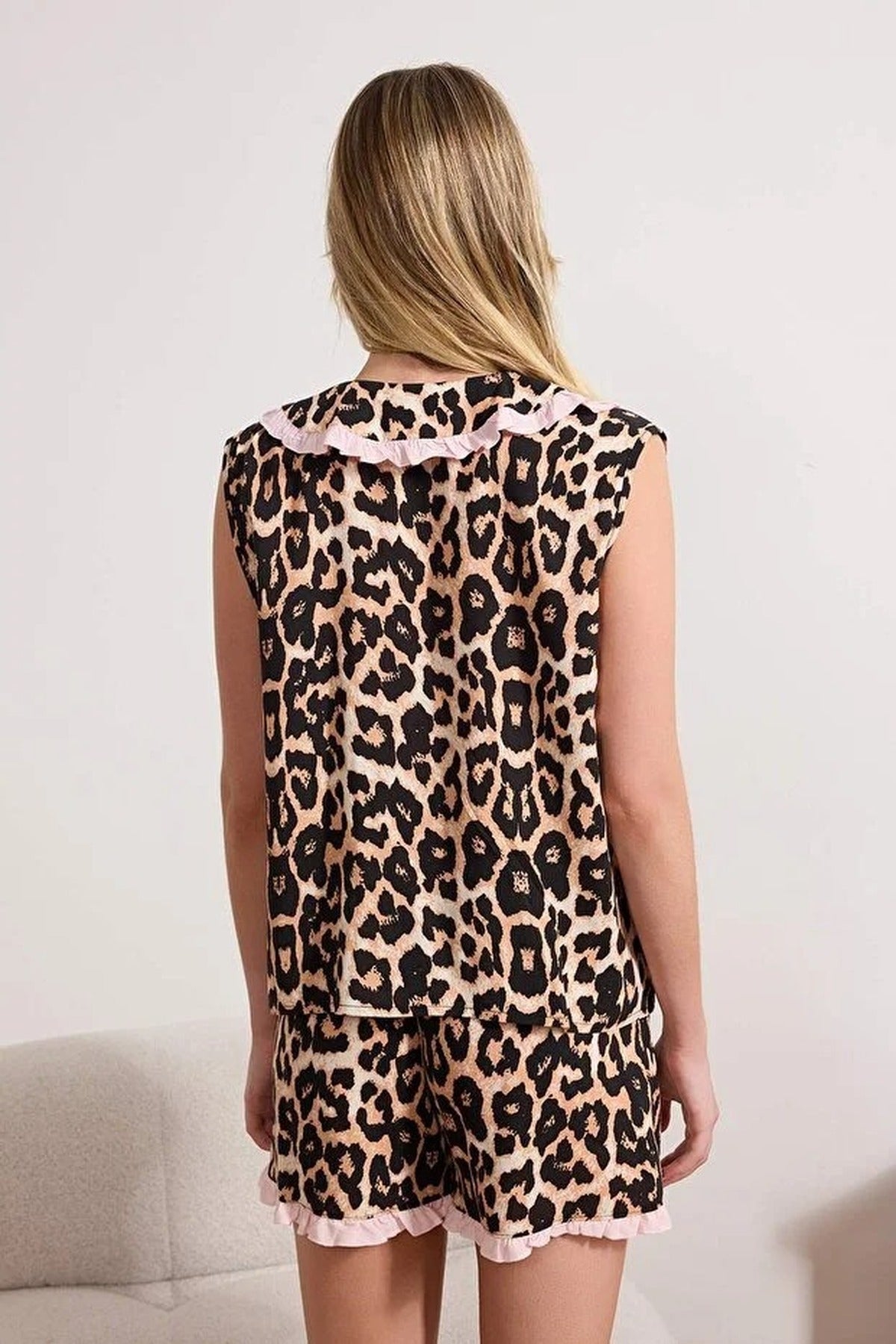 2-Piece Leopard Print Ruffled Viscose Woven Pajama Set