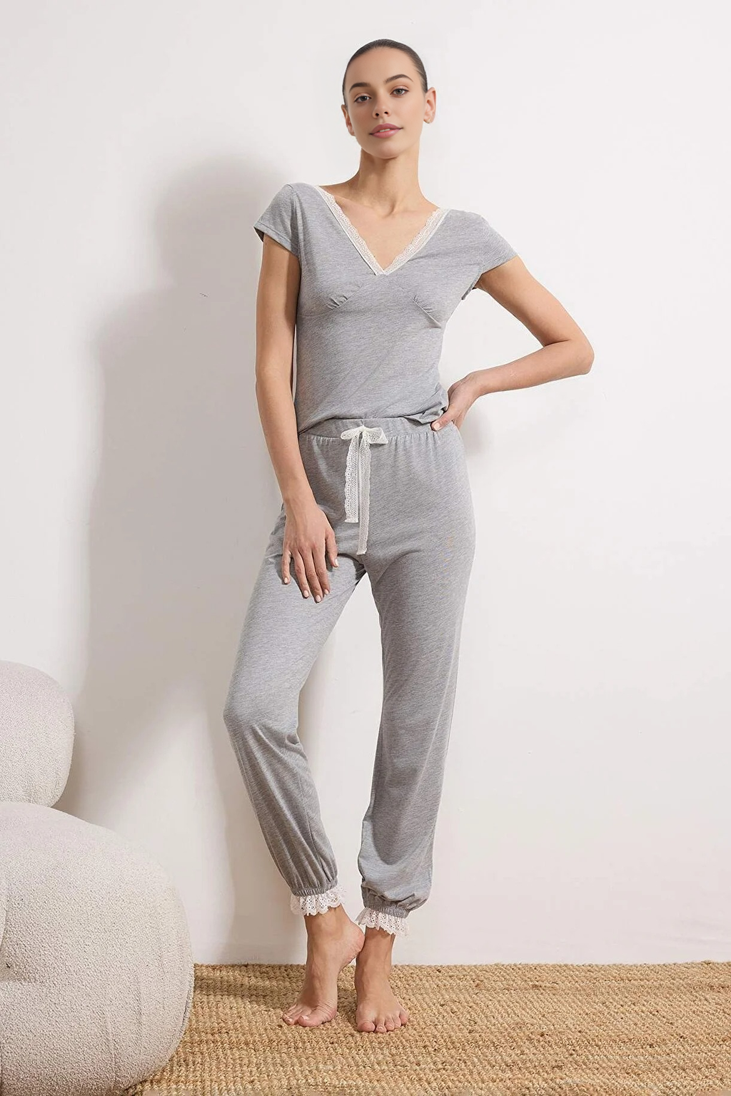 2-Piece Cotton Knitted Pajama Set with Lace and Back Detail