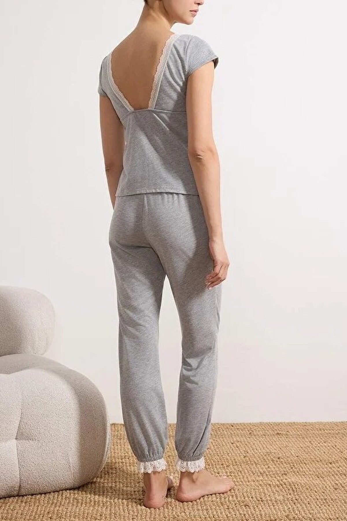 2-Piece Cotton Knitted Pajama Set with Lace and Back Detail