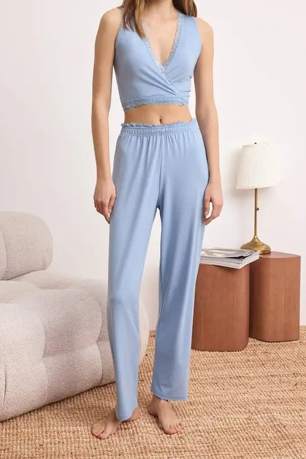2-Piece Wrap-Around Viscose Knit Pajama Set with Lace Details
