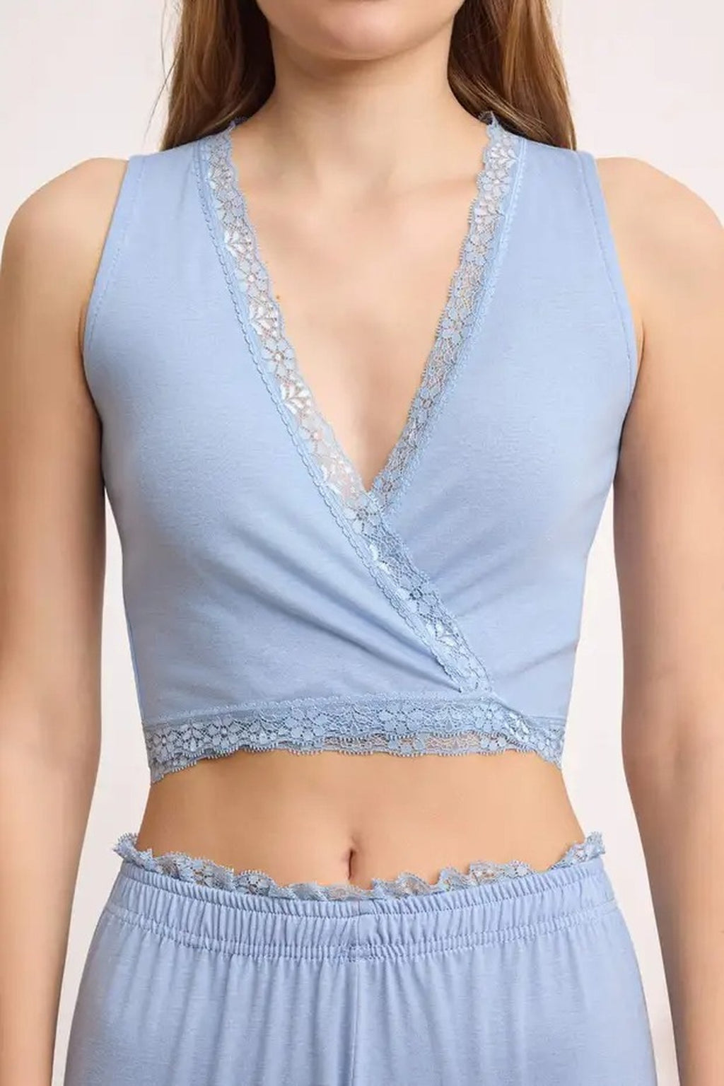 2-Piece Wrap-Around Viscose Knit Pajama Set with Lace Details