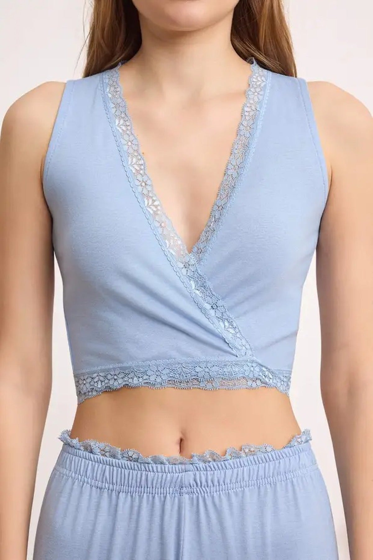 2-Piece Wrap-Around Viscose Knit Pajama Set with Lace Details