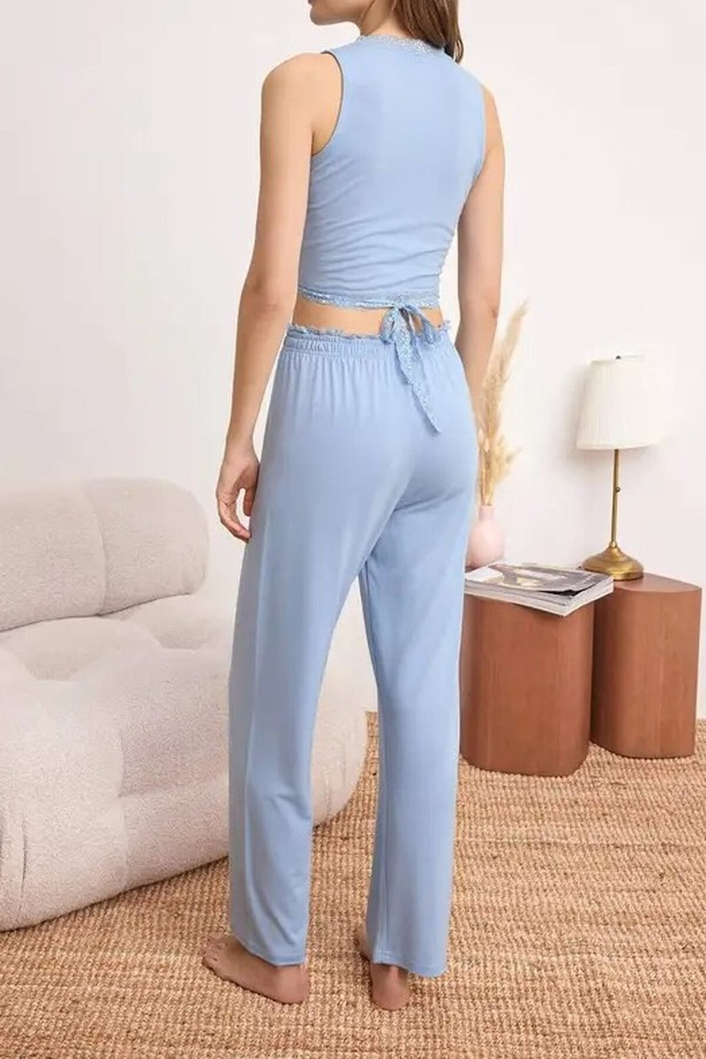 2-Piece Wrap-Around Viscose Knit Pajama Set with Lace Details