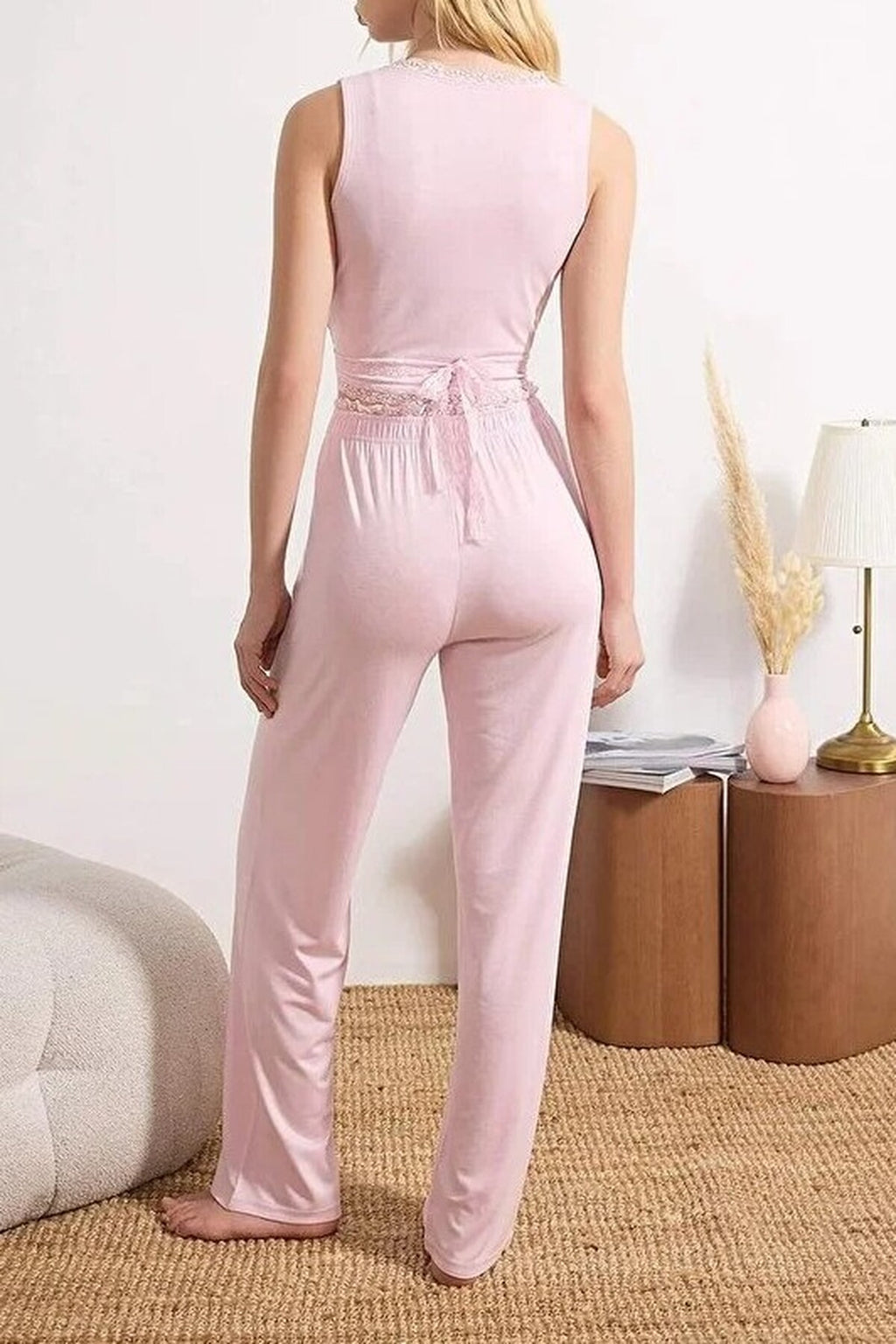 2-Piece Wrap-Around Viscose Knit Pajama Set with Lace Details