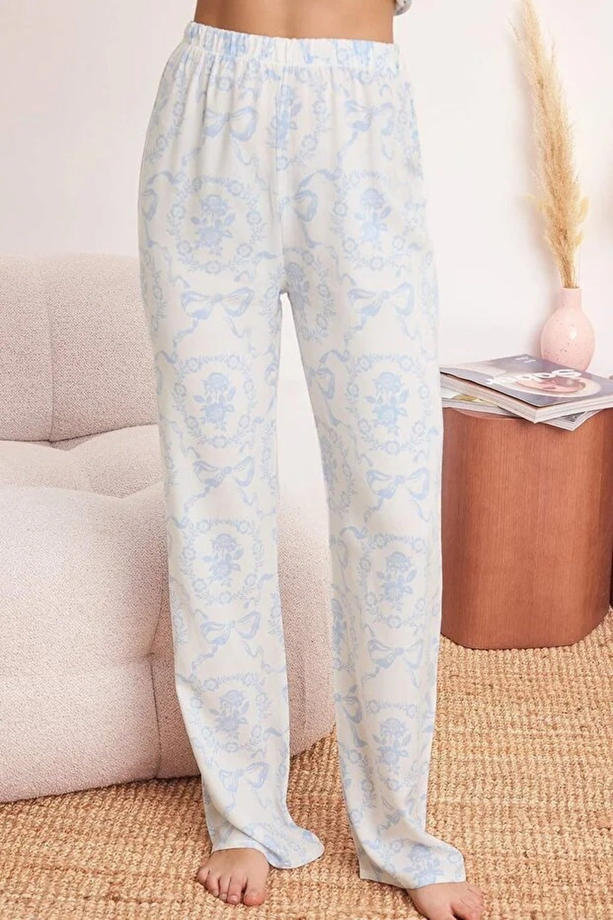 2-Piece Floral Ruffle Detail Viscose Woven Pajama Set