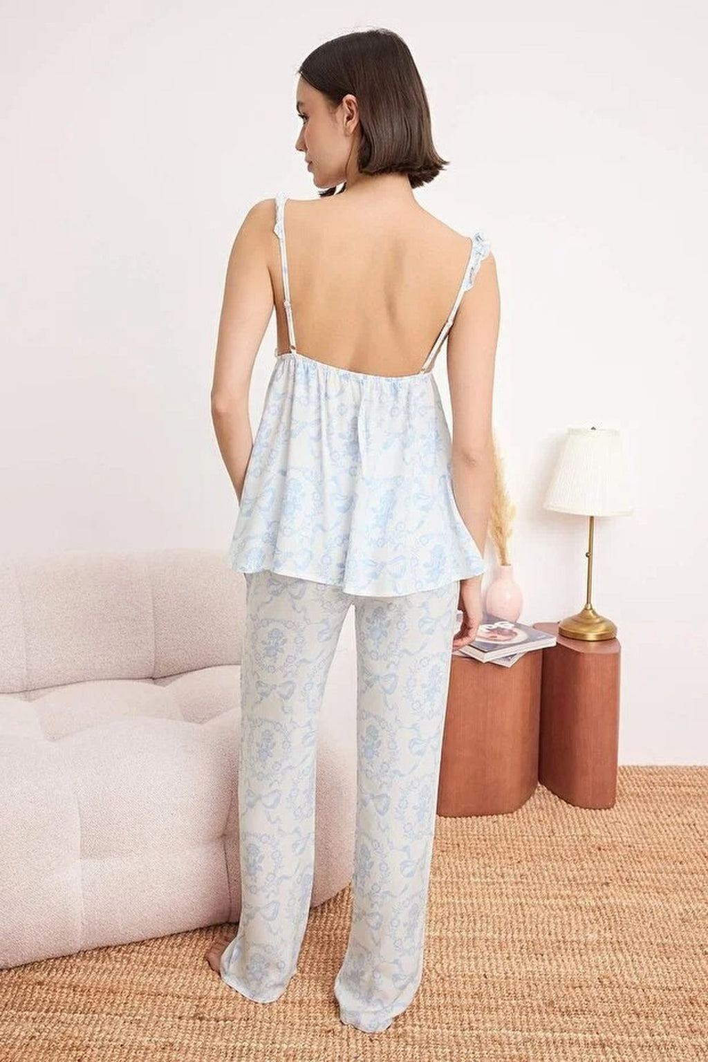 2-Piece Floral Ruffle Detail Viscose Woven Pajama Set