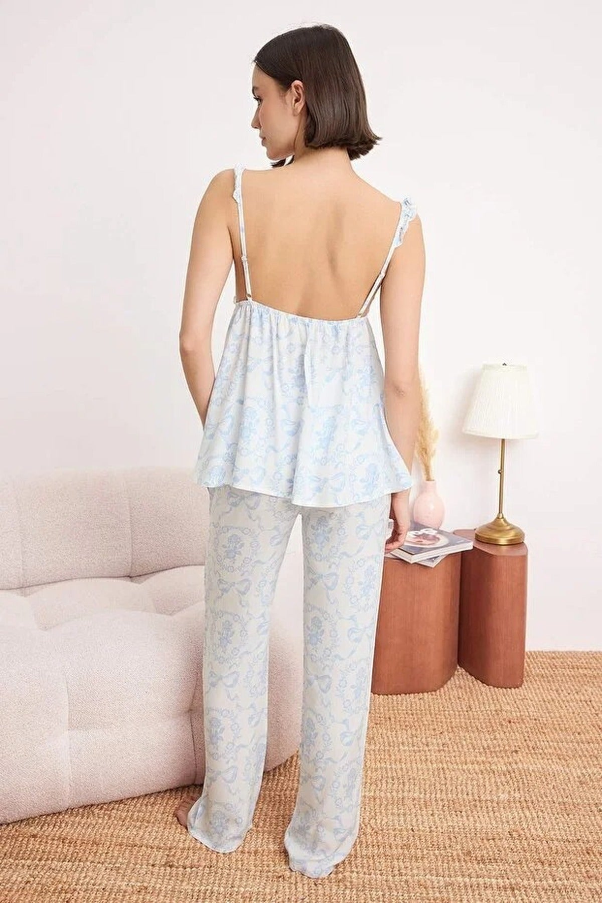 2-Piece Floral Ruffle Detail Viscose Woven Pajama Set