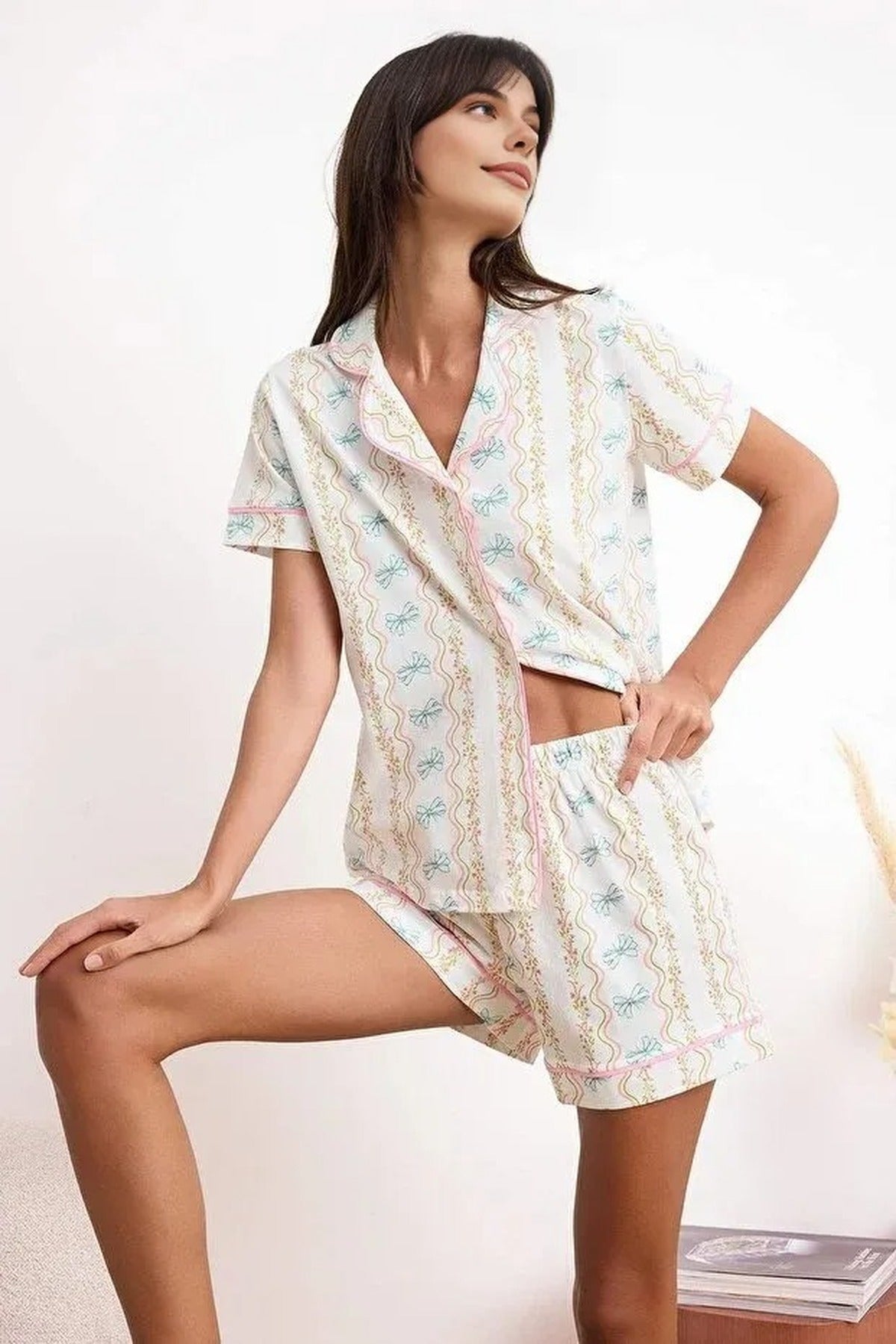 2-Piece 100% Cotton Knitted Pajama Set with Floral and Ribbon Pattern