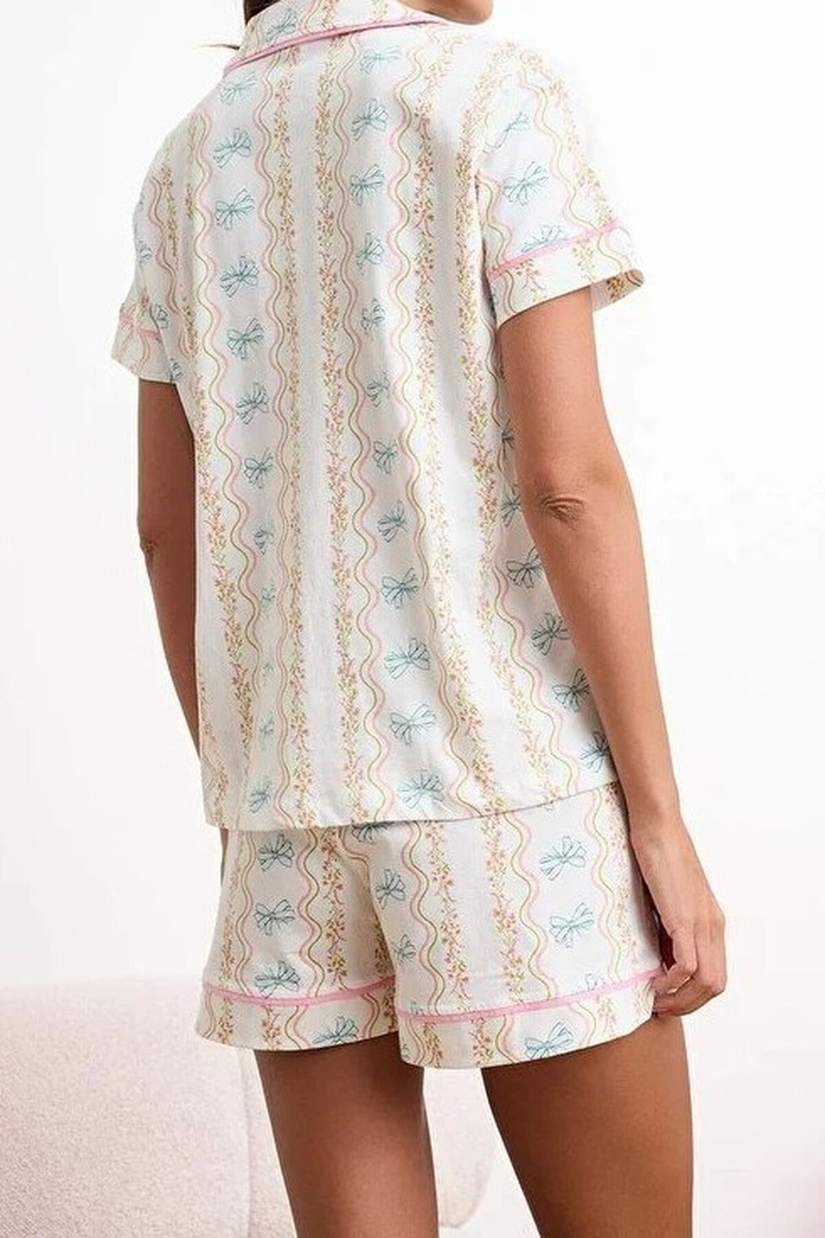2-Piece 100% Cotton Knitted Pajama Set with Floral and Ribbon Pattern