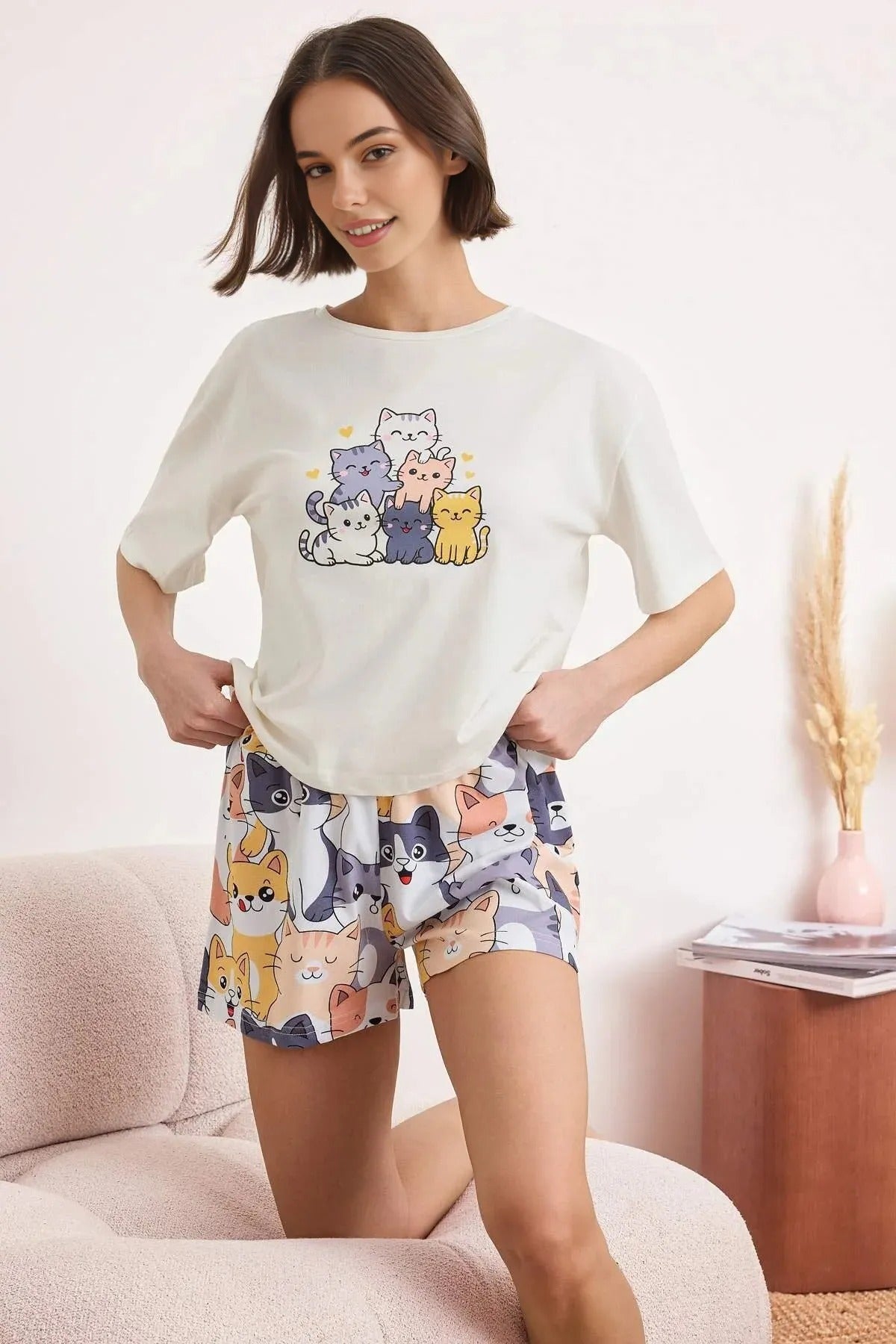 2-Piece Cat Pattern Cotton Lycra Soft Knit Pajama Set