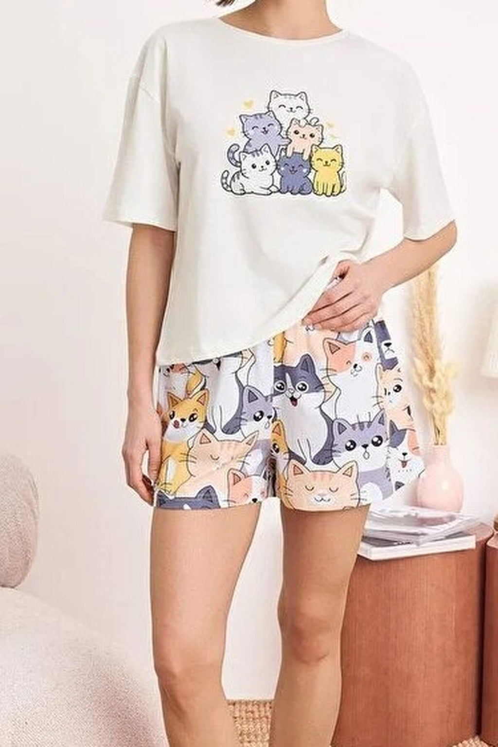2-Piece Cat Pattern Cotton Lycra Soft Knit Pajama Set