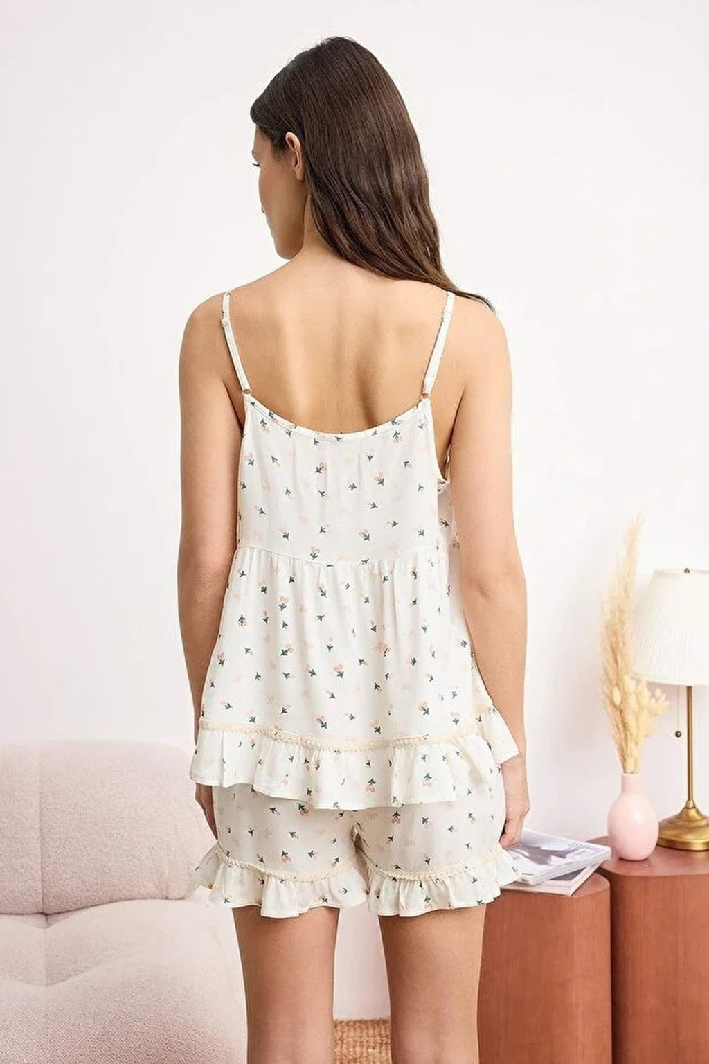 Floral Print Frill Detail Cami Strap Viscose Pyjama Set