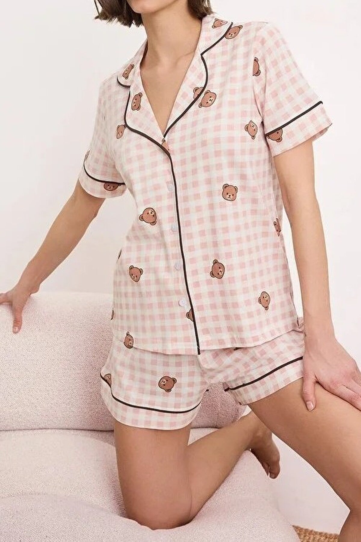 100% Cotton Plaid Checkered Teddy Bear Patterned Knitted Pajama Set