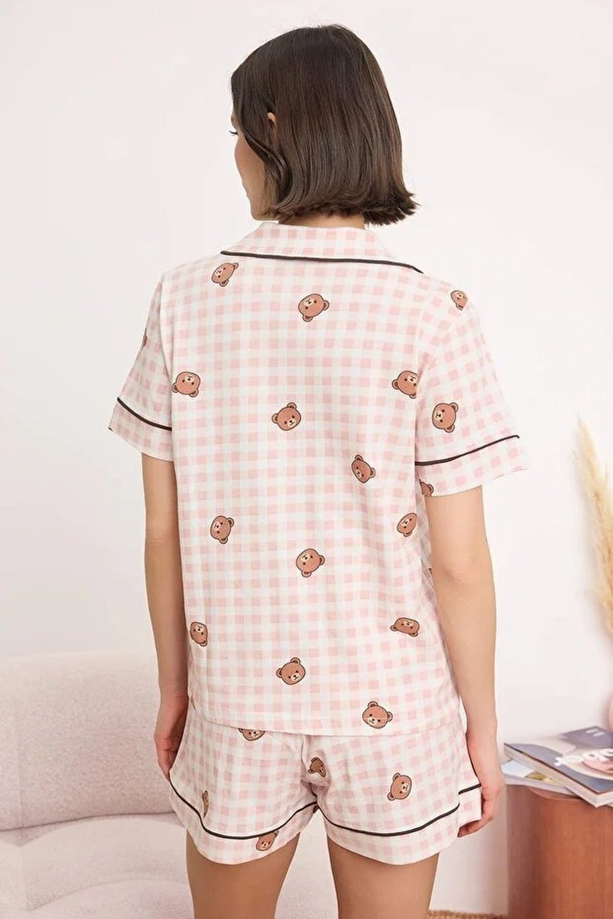 100% Cotton Plaid Checkered Teddy Bear Patterned Knitted Pajama Set