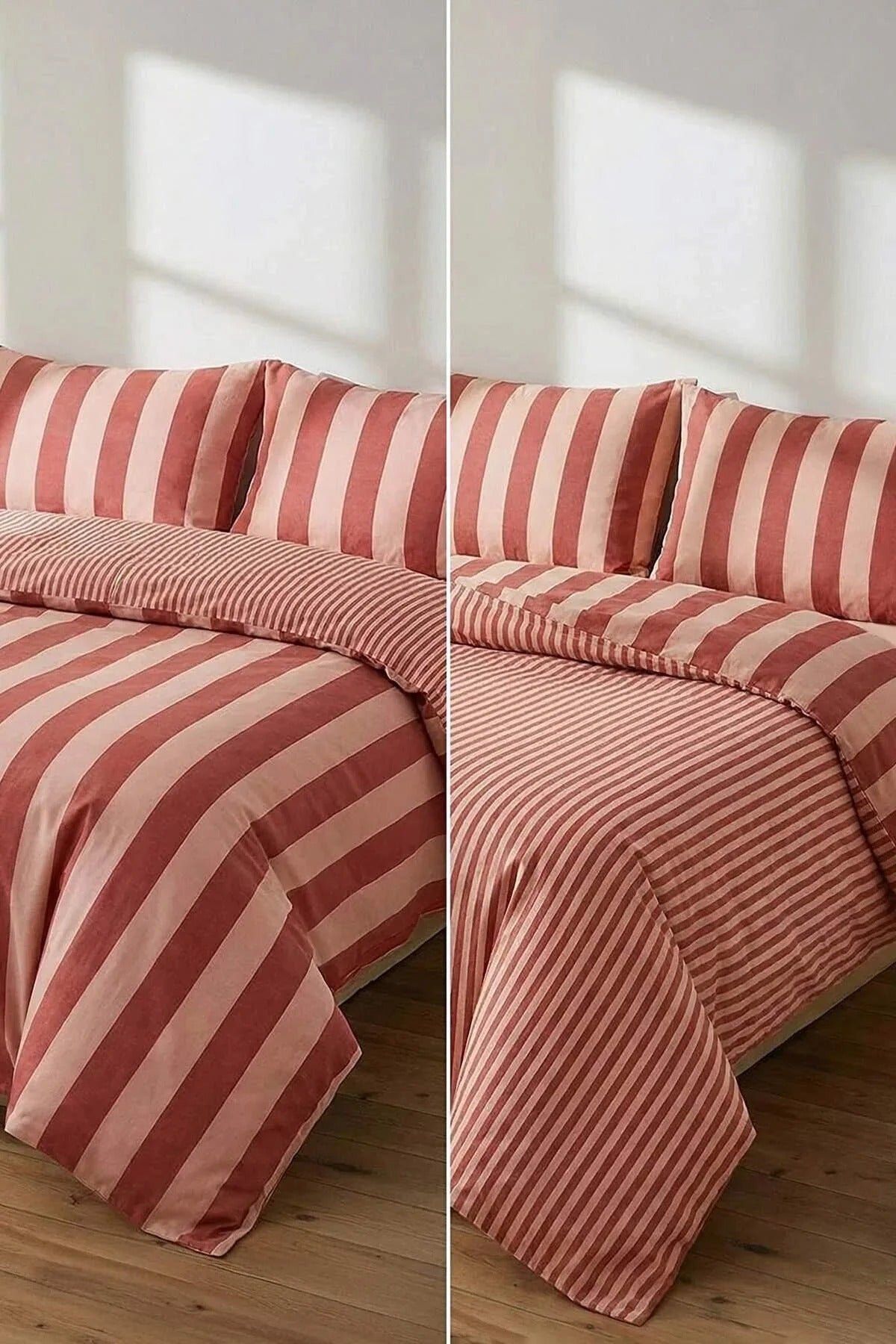 Double Easy Iron Striped Fitted Sheet Duvet Cover Set 200x220cm