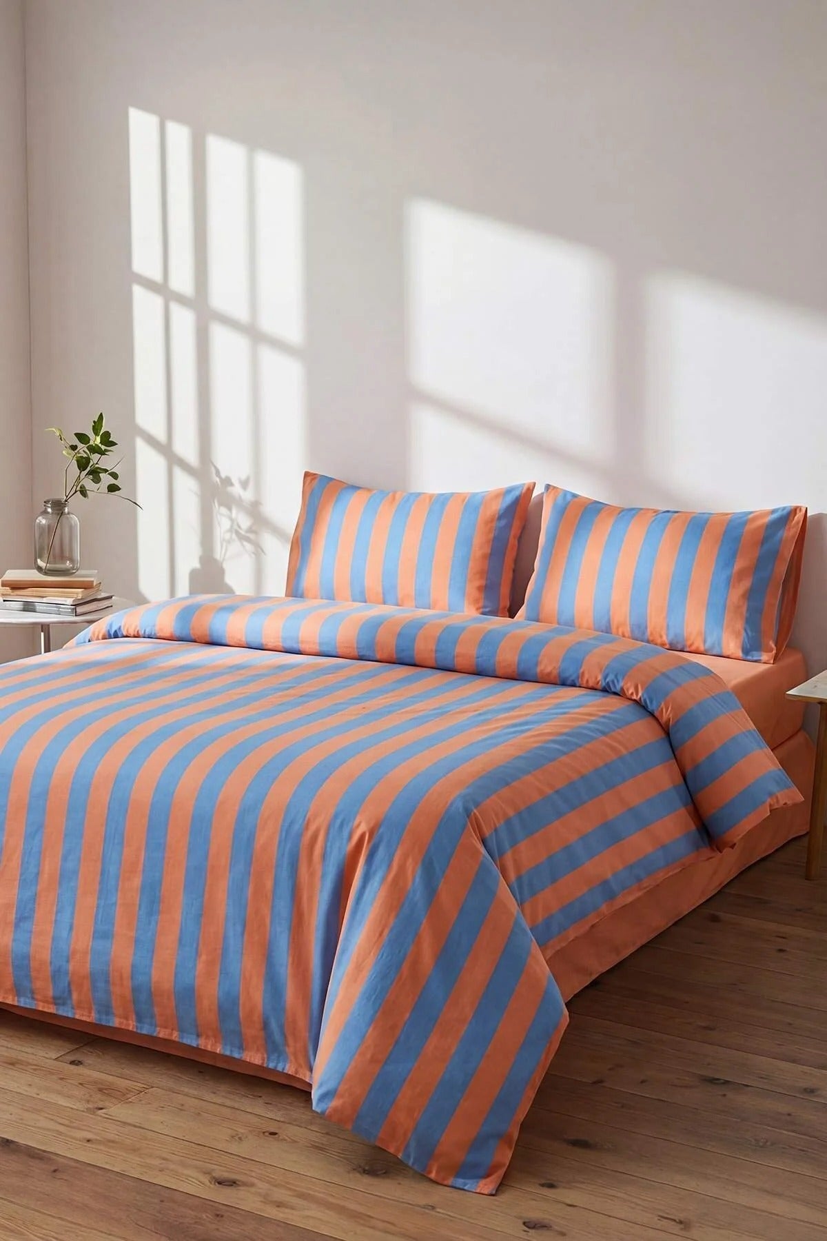 Double Easy Iron Striped Fitted Sheet Duvet Cover Set 200x220cm
