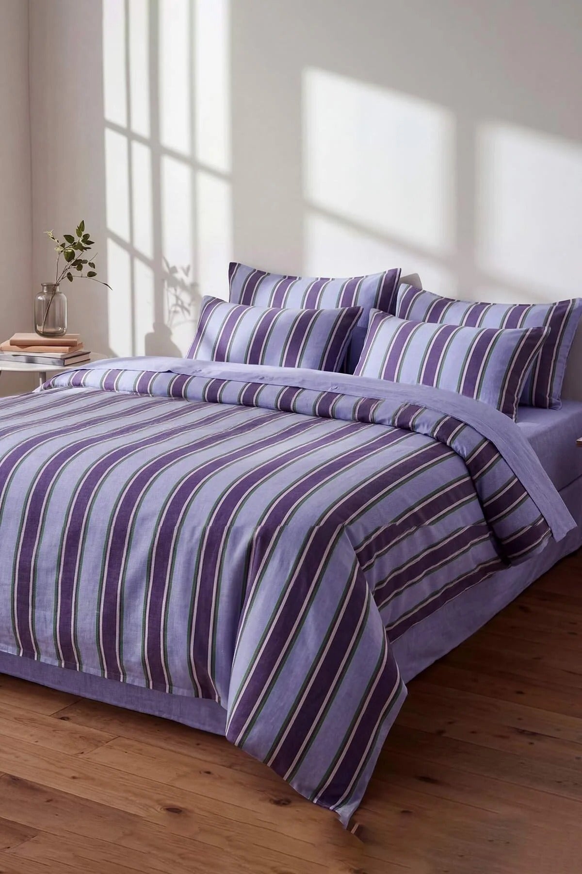 Double Easy Iron Striped Fitted Sheet Duvet Cover Set 200x220cm