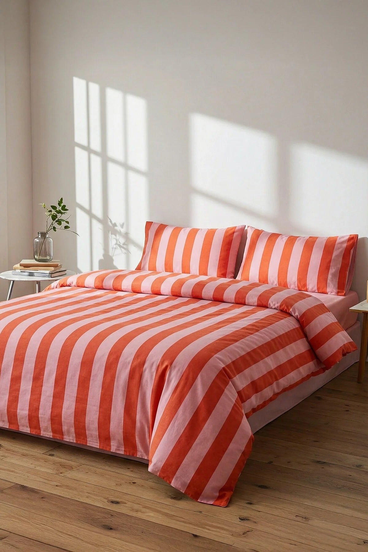 Double Easy Iron Striped Fitted Sheet Duvet Cover Set 200x220cm