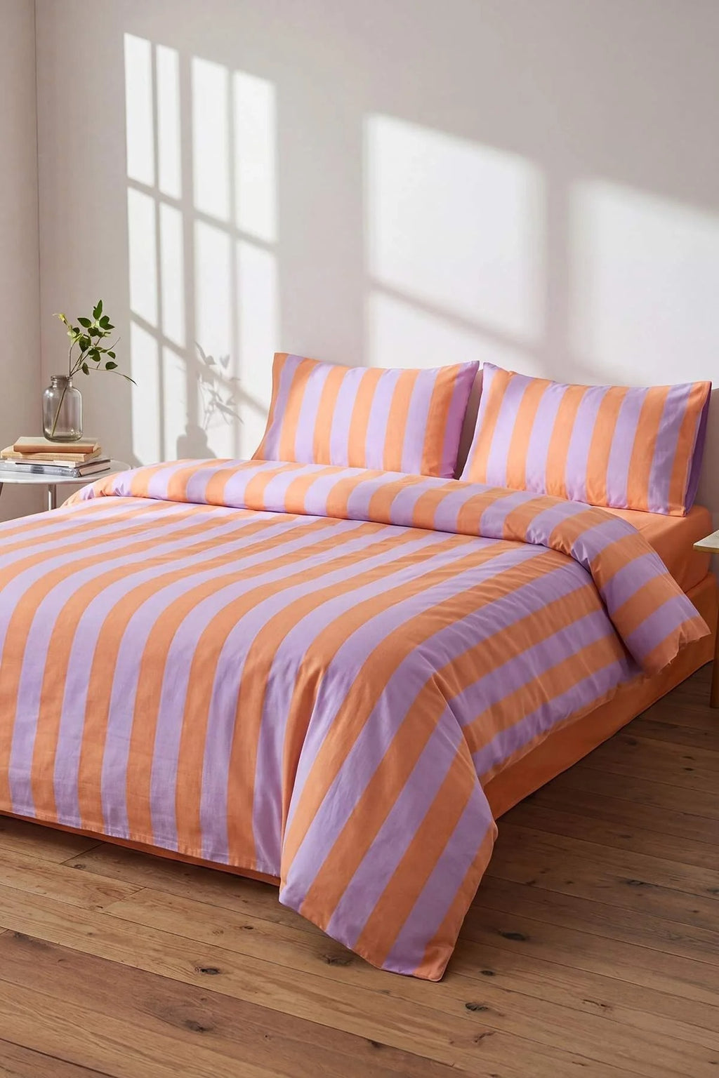 Double Easy Iron Striped Fitted Sheet Duvet Cover Set 200x220cm