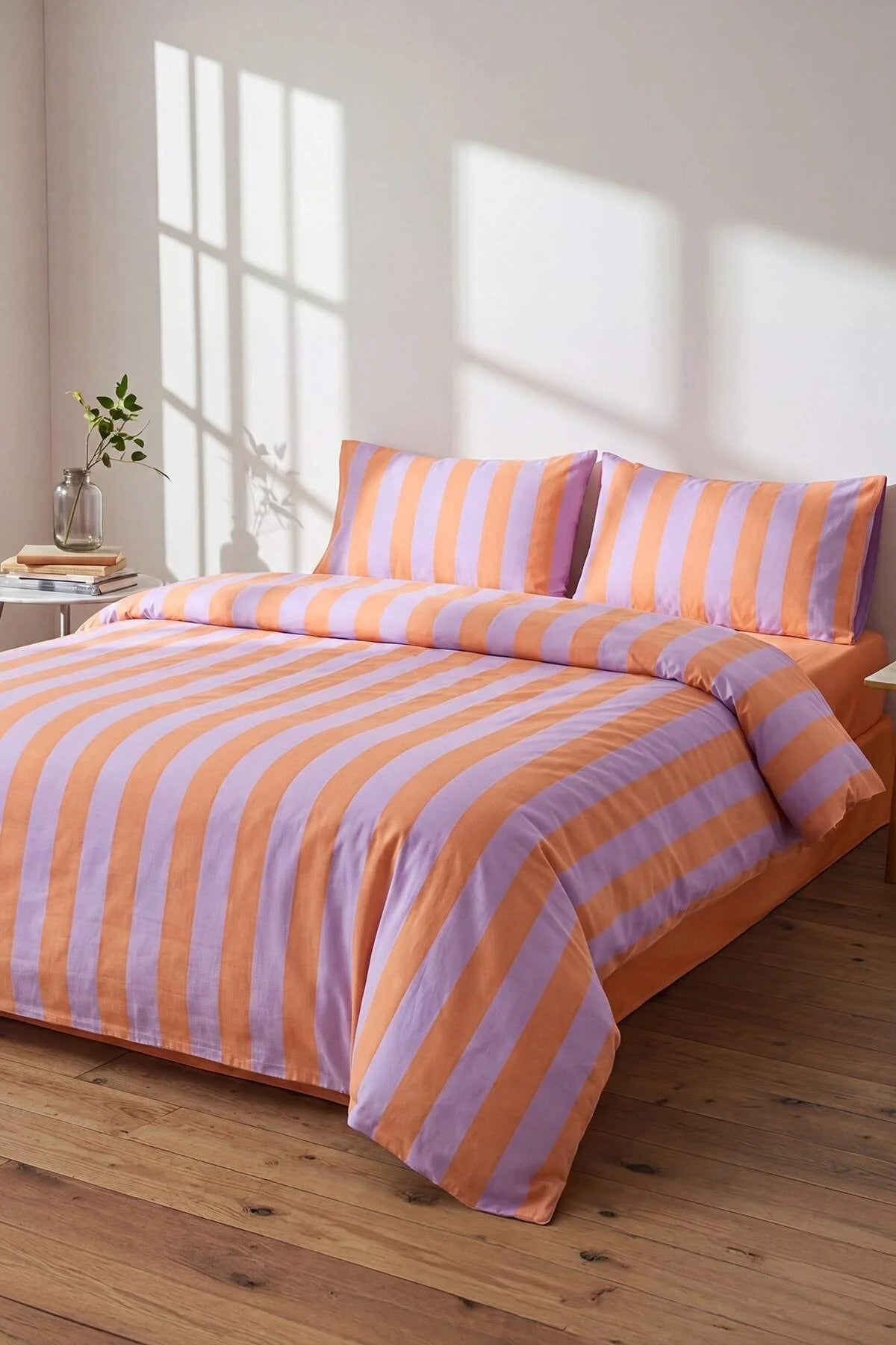 Double Easy Iron Striped Fitted Sheet Duvet Cover Set 200x220cm