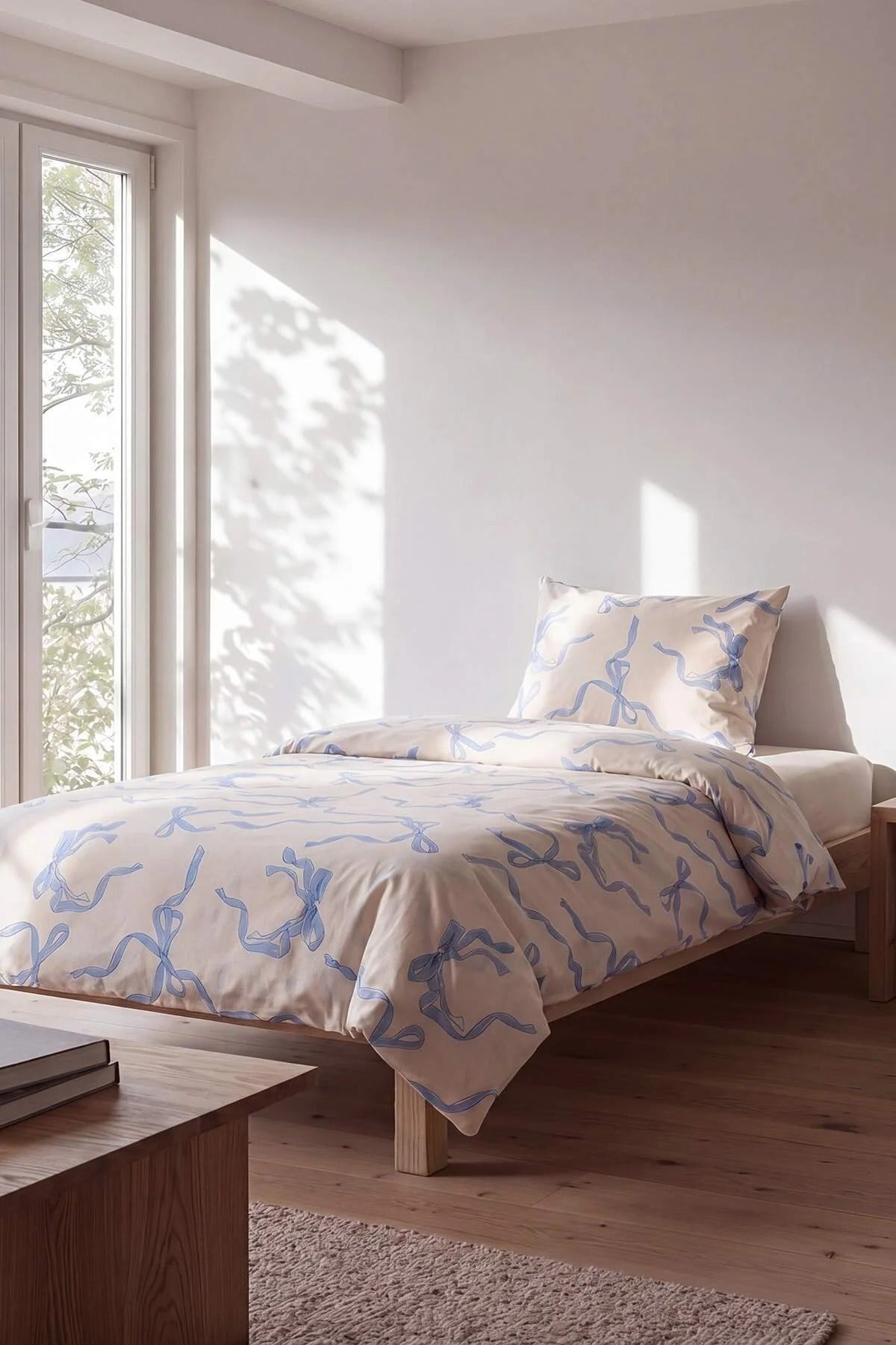 Single Bow Detail Duvet Cover Set with Flat Sheet 160x220cm