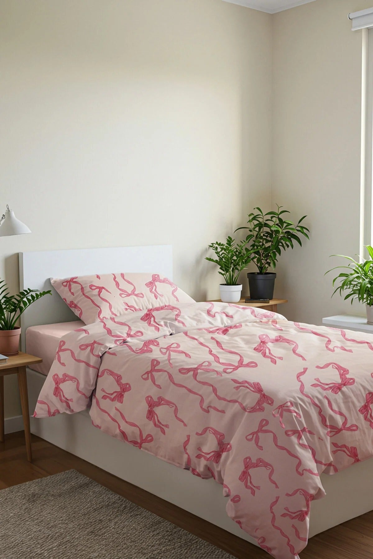 Single Bow Detail Duvet Cover Set with Flat Sheet 160x220cm