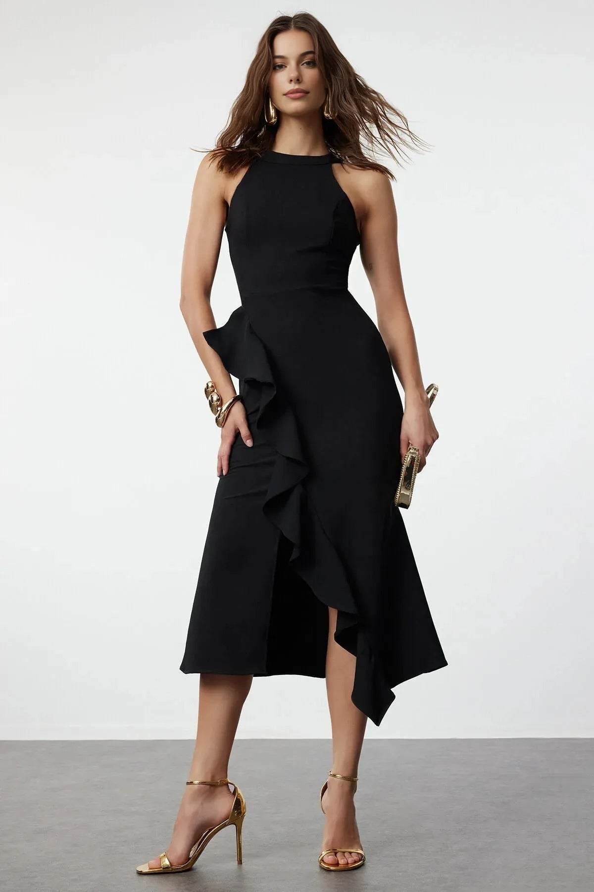 Ruffled Woven Evening Dress