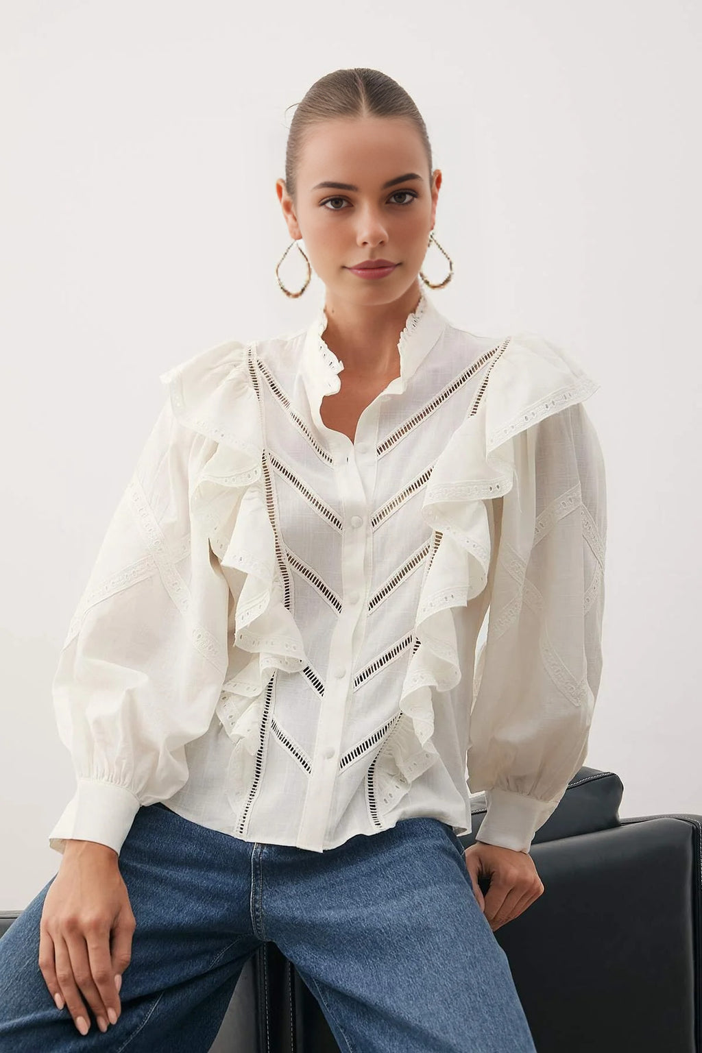 High Neck Balloon Sleeve Boho Applique Shirt