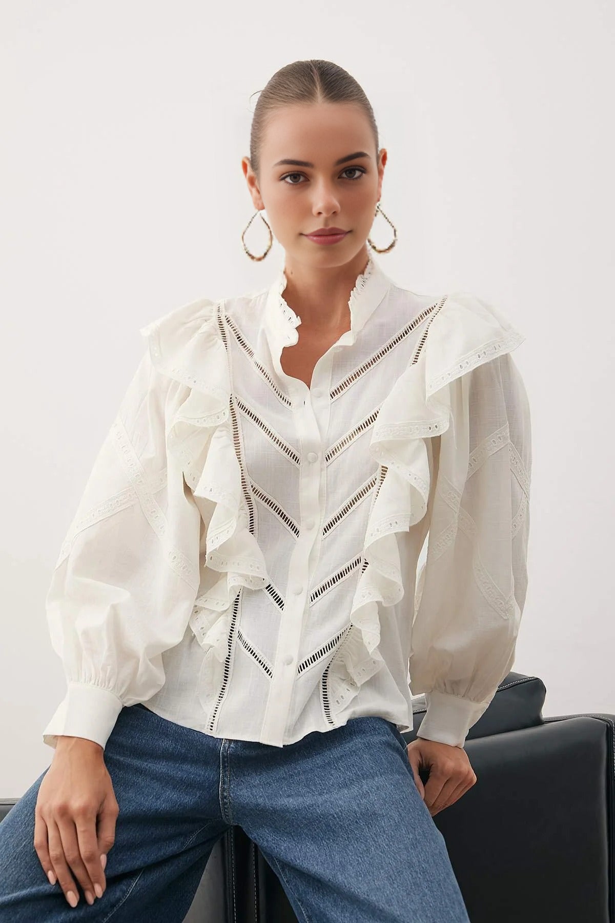 High Neck Balloon Sleeve Boho Applique Shirt