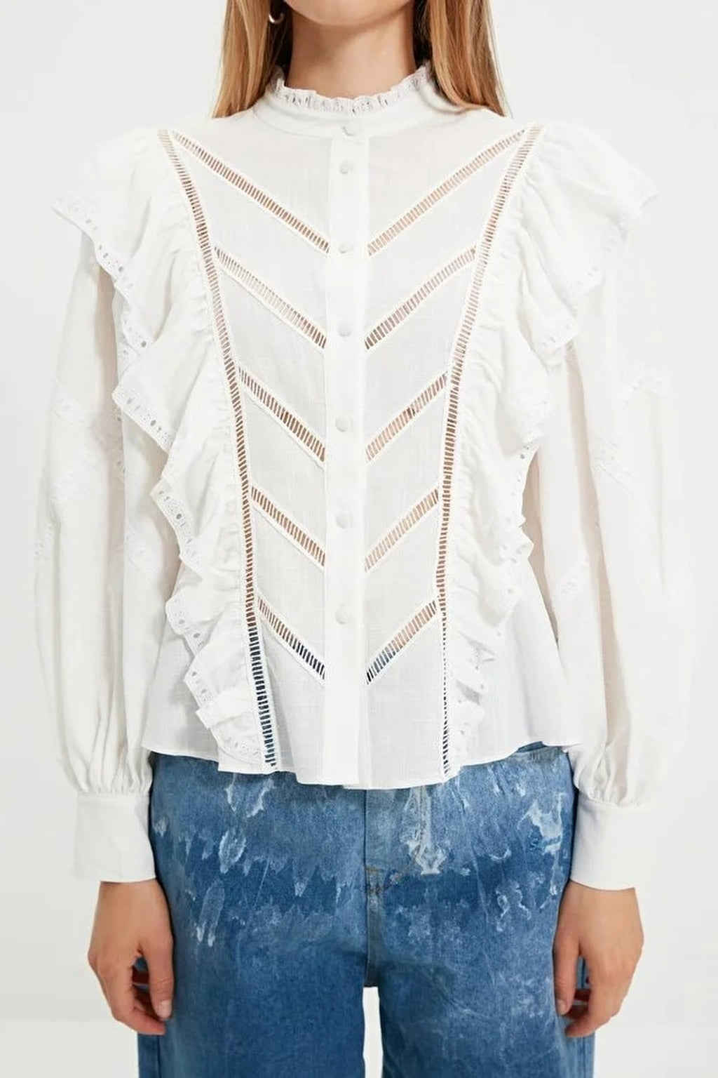 High Neck Balloon Sleeve Boho Applique Shirt