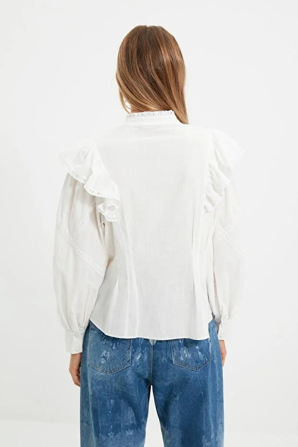 High Neck Balloon Sleeve Boho Applique Shirt