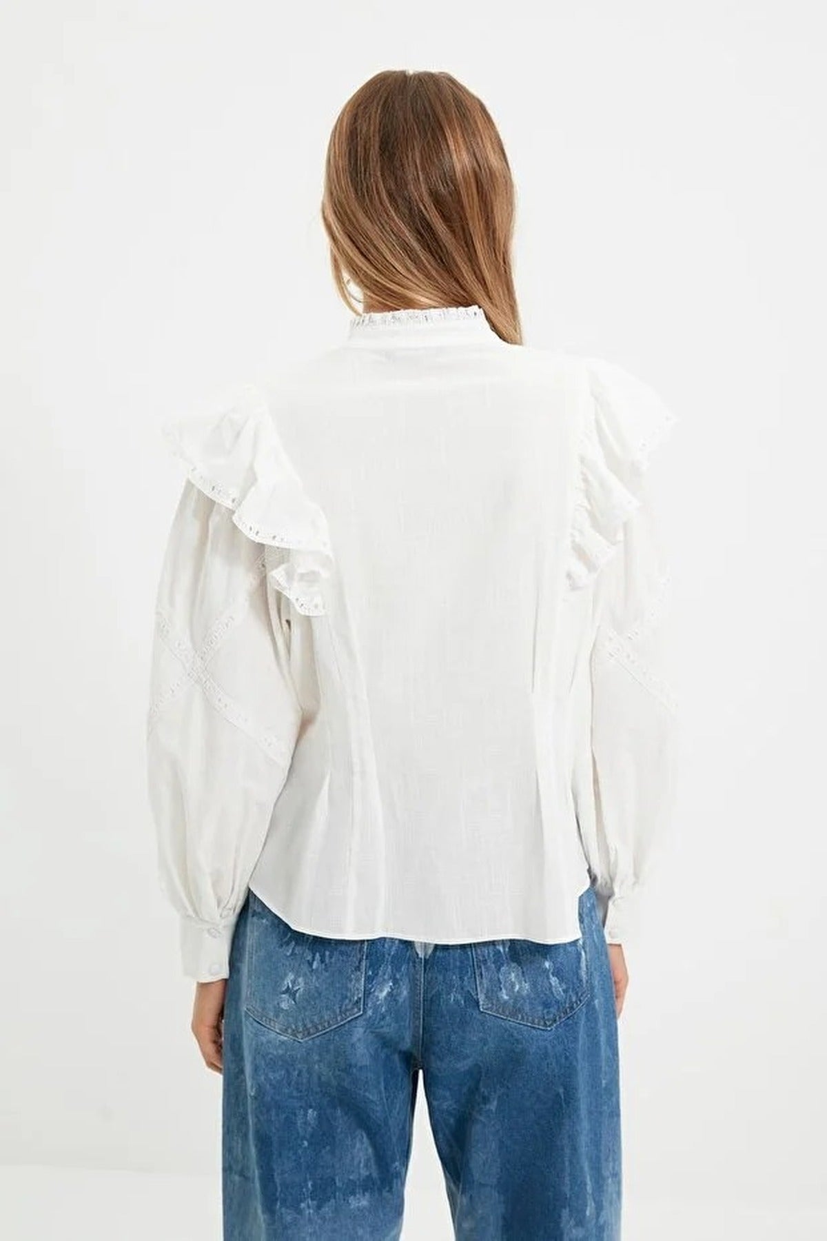 High Neck Balloon Sleeve Boho Applique Shirt