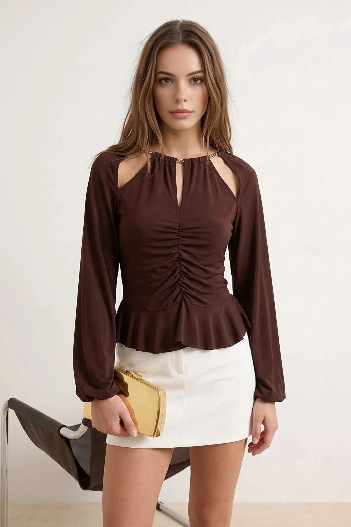 Cut Out Detail Knitted Blouse with Accessories