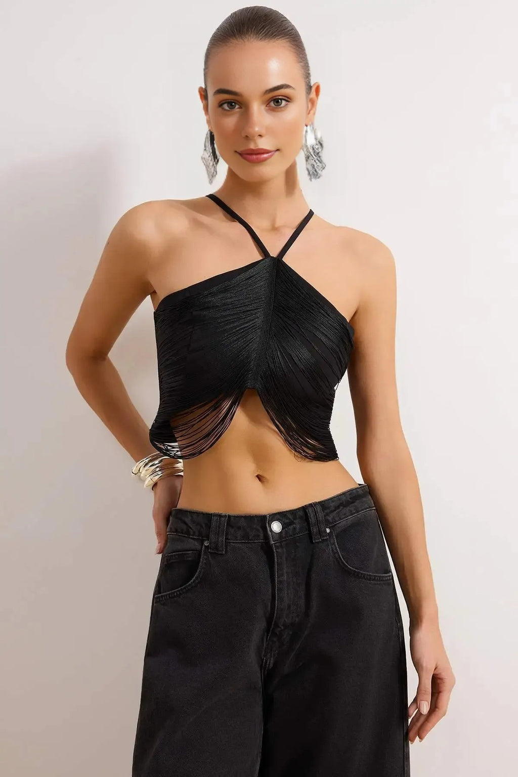 Crop Blouse with Tassel Detail