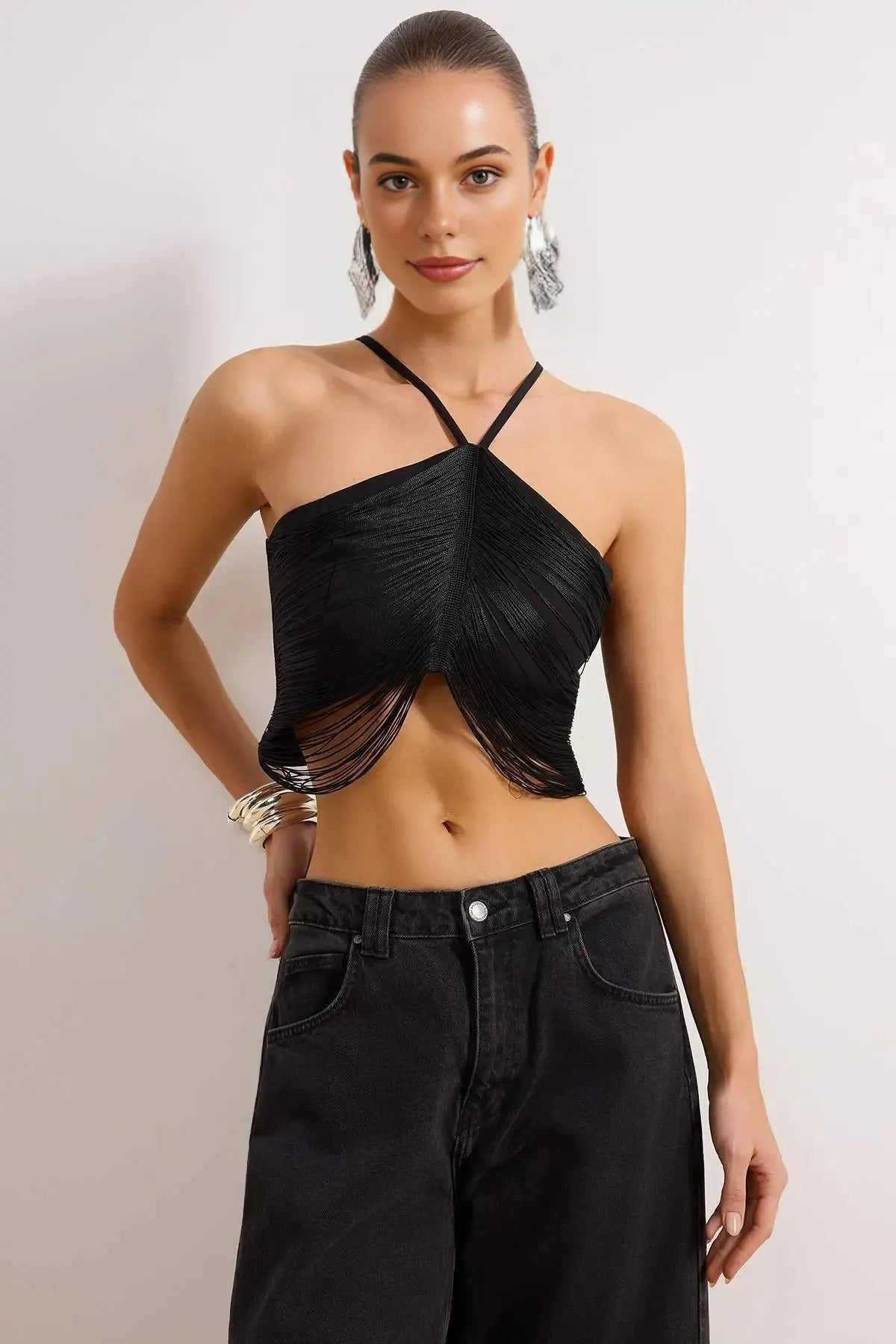 Crop Blouse with Tassel Detail