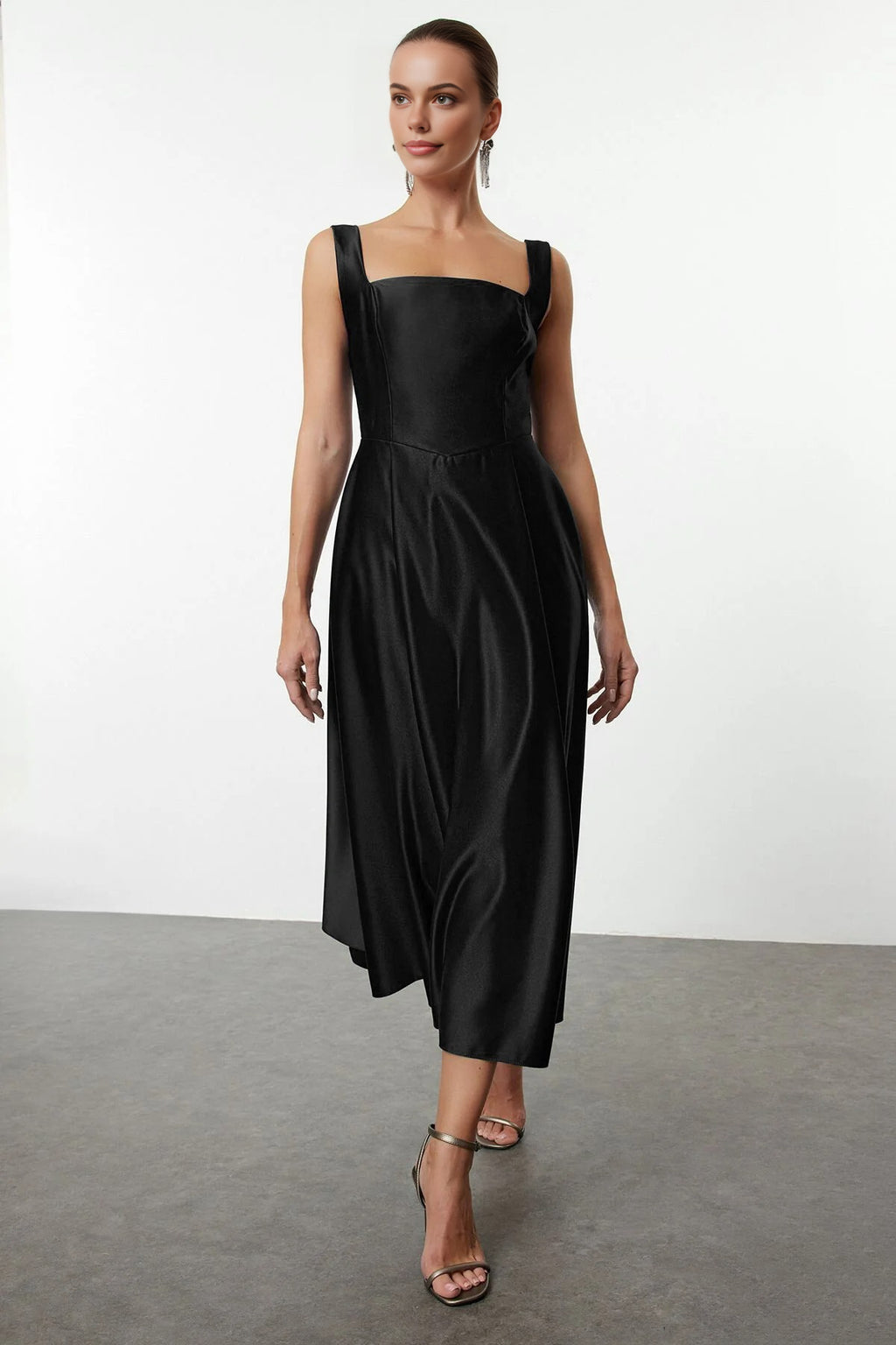 Square Neck Thick Strap A-Line Satin Maxi Dress