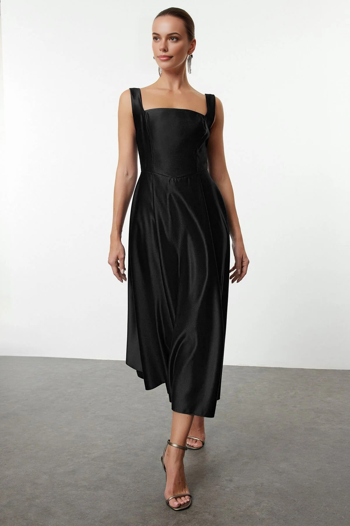 Square Neck Thick Strap A-Line Satin Maxi Dress