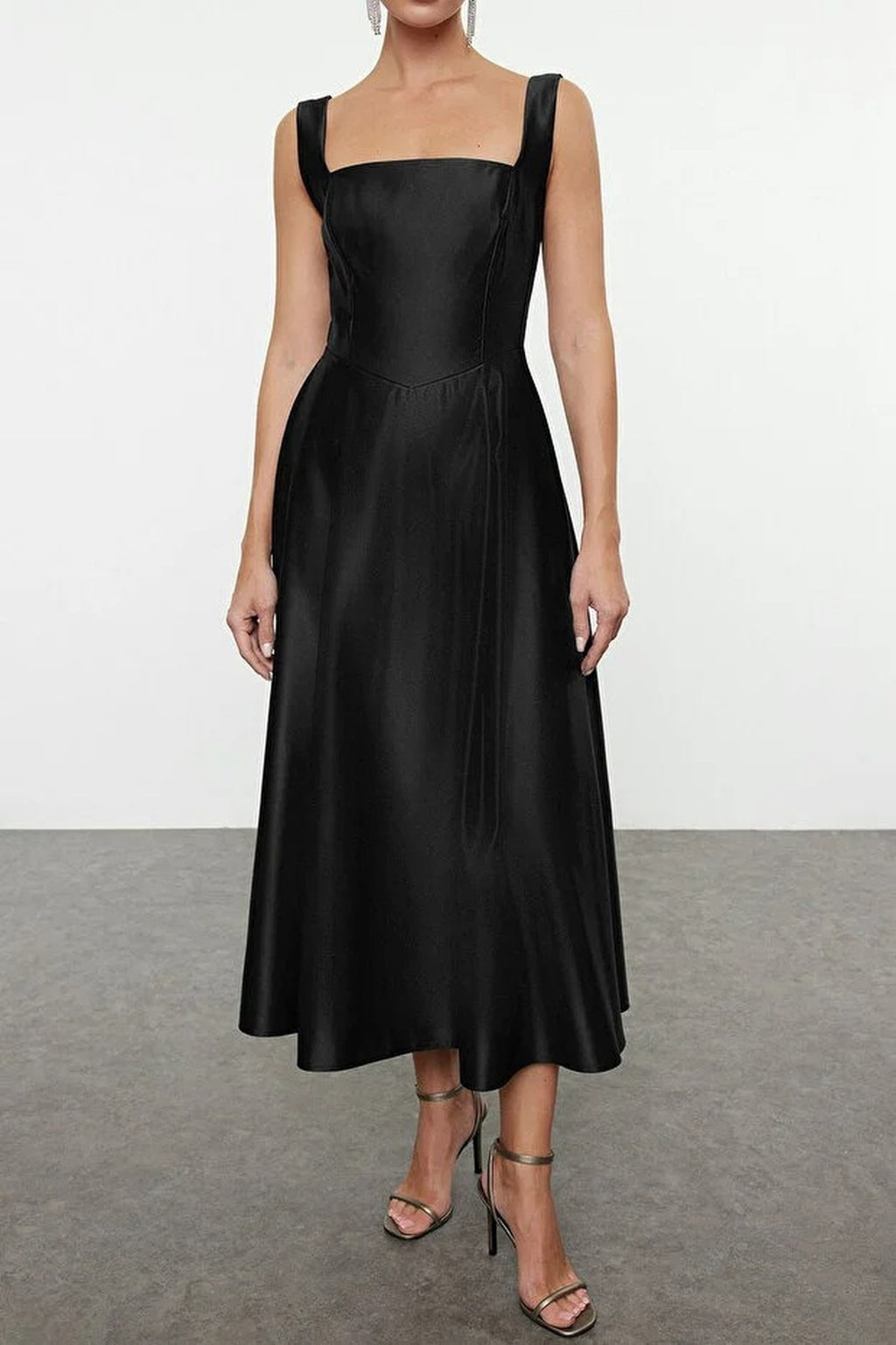 Square Neck Thick Strap A-Line Satin Maxi Dress