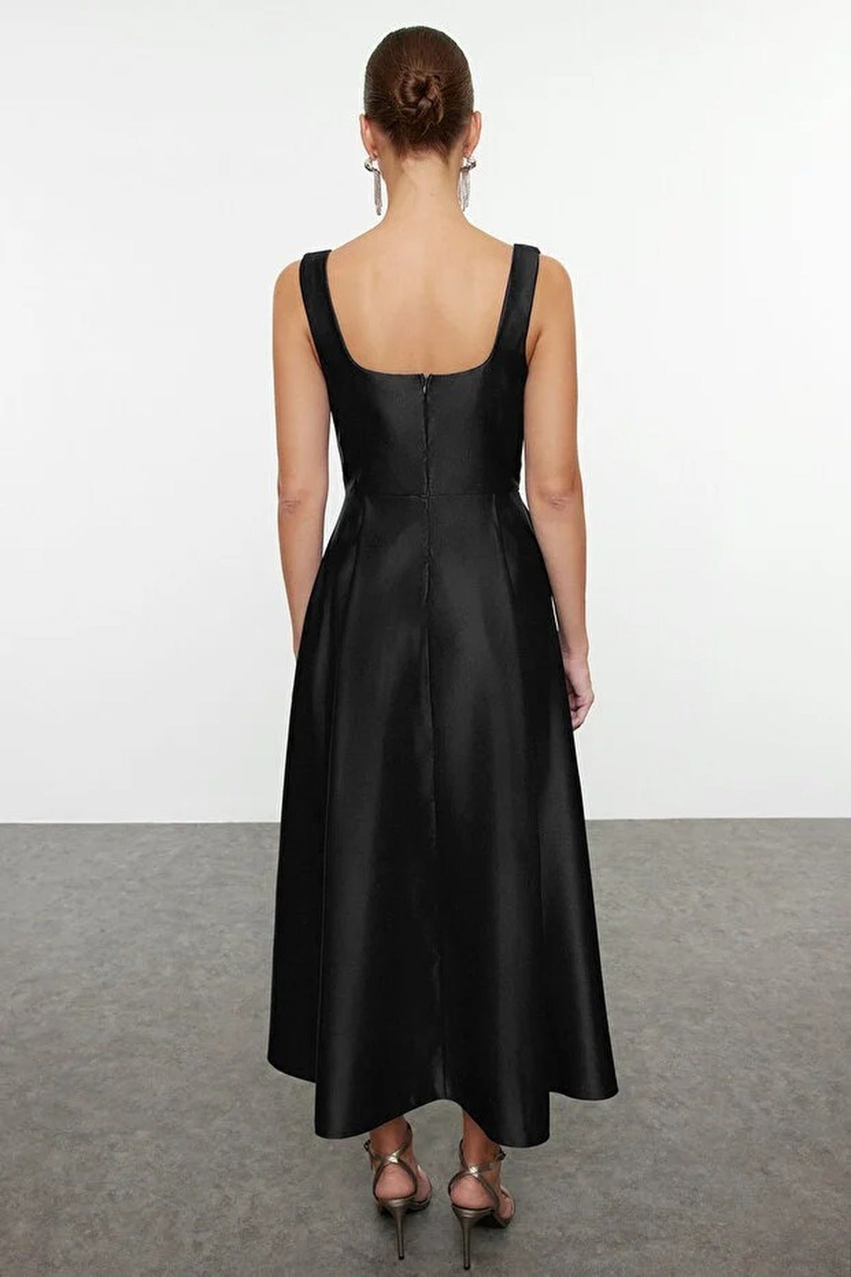 Square Neck Thick Strap A-Line Satin Maxi Dress