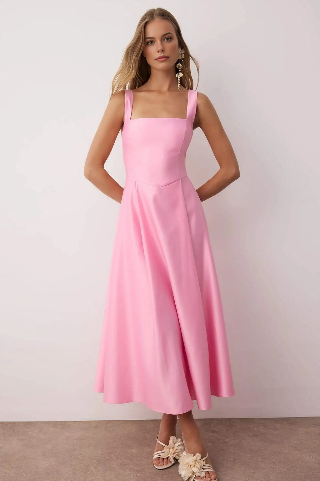 Square Neck Thick Strap A-Line Satin Maxi Dress