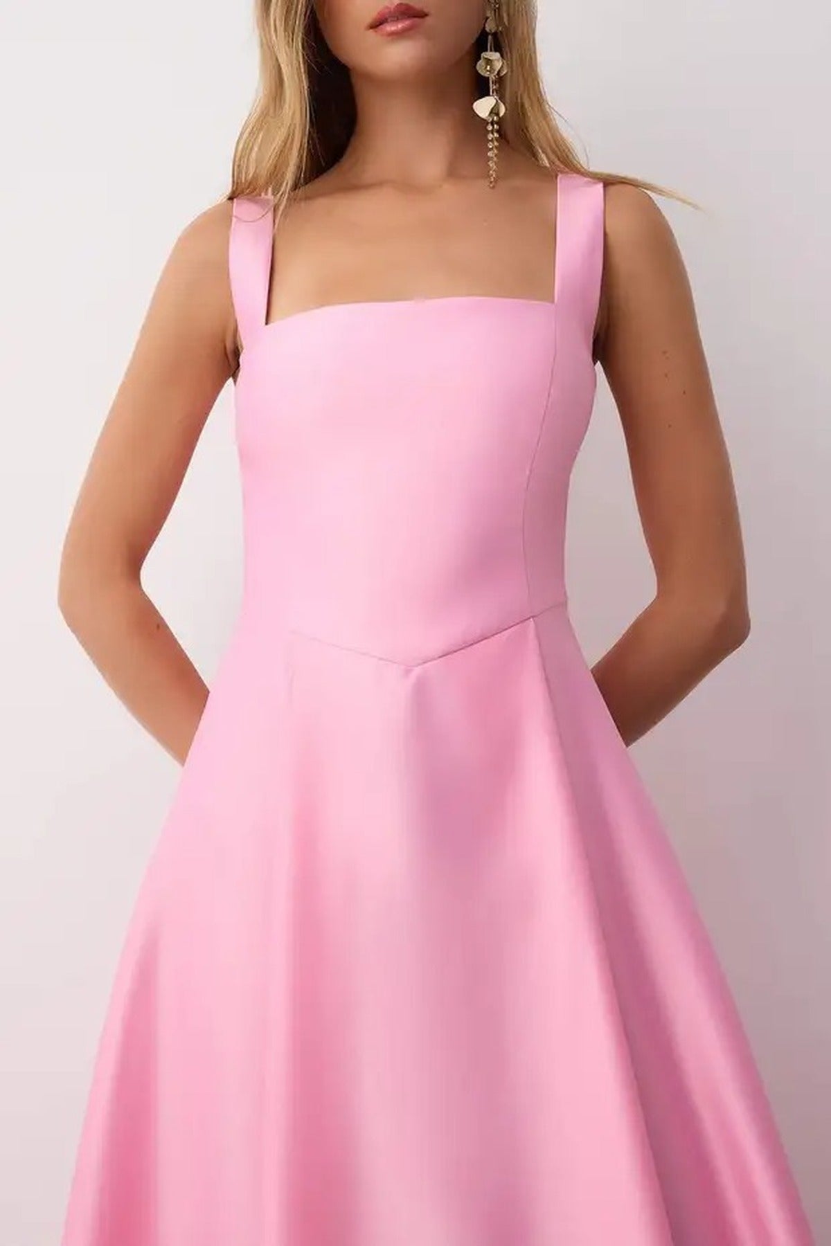 Square Neck Thick Strap A-Line Satin Maxi Dress