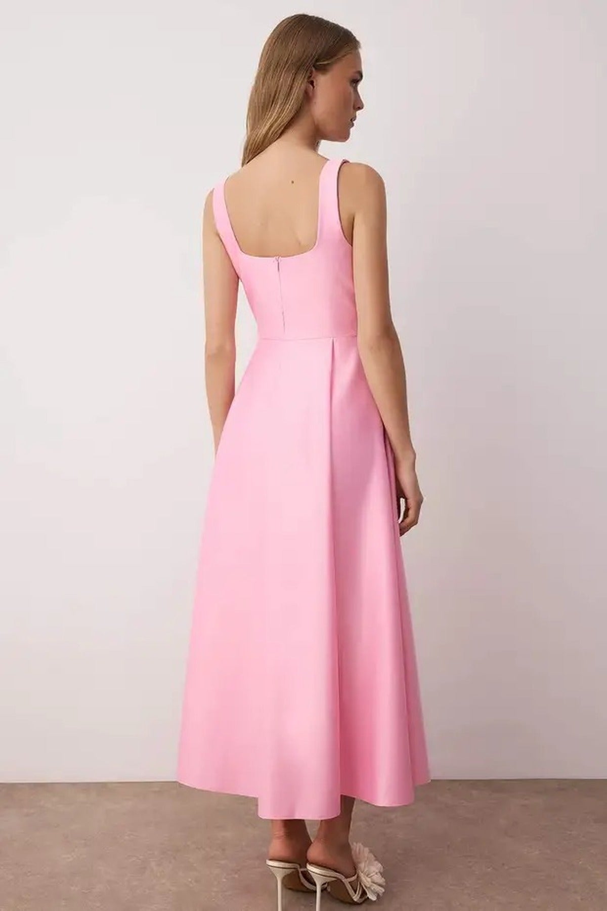 Square Neck Thick Strap A-Line Satin Maxi Dress
