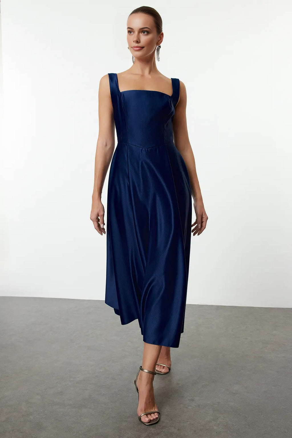 Square Neck Thick Strap A-Line Satin Maxi Dress