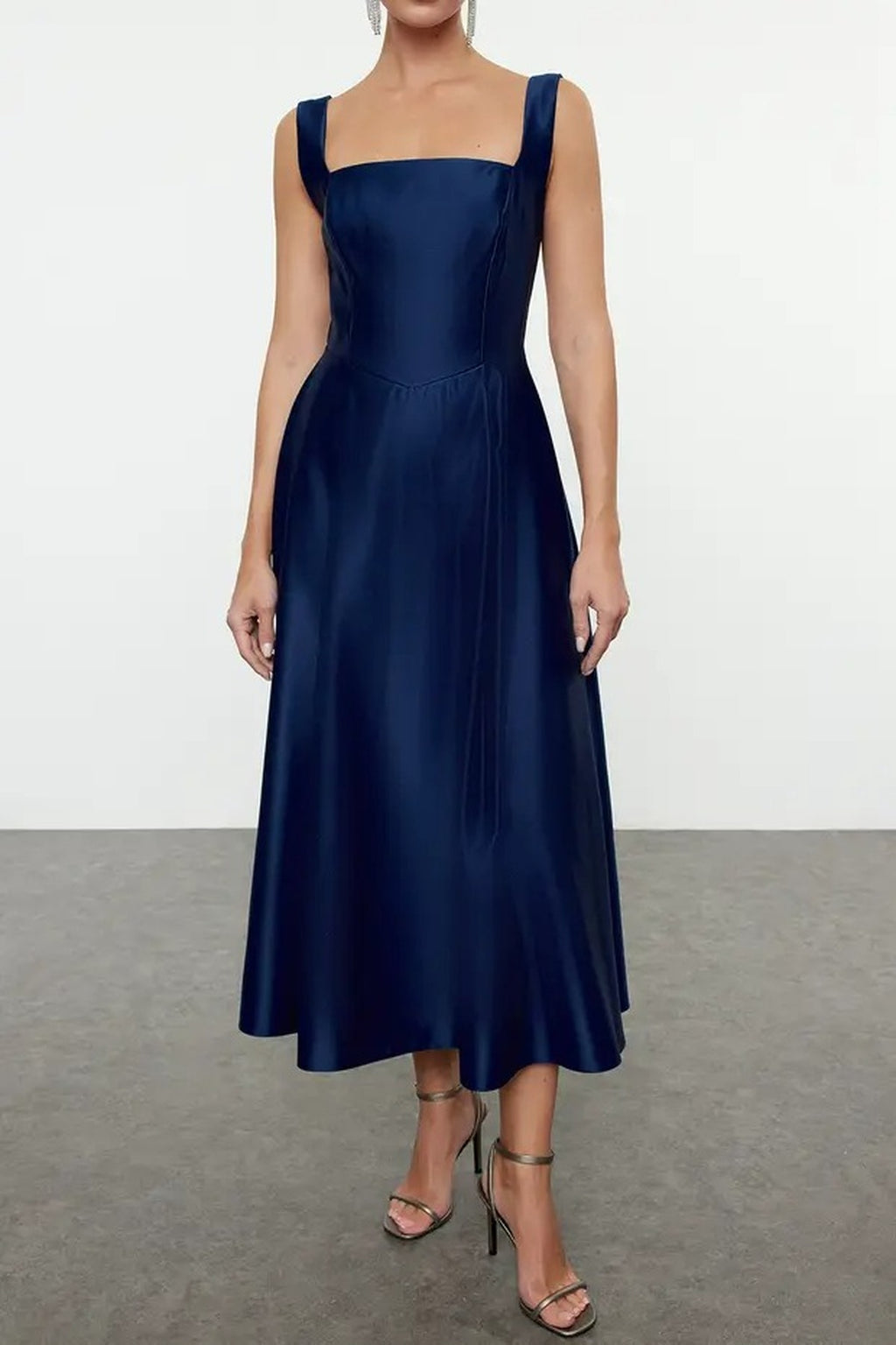 Square Neck Thick Strap A-Line Satin Maxi Dress