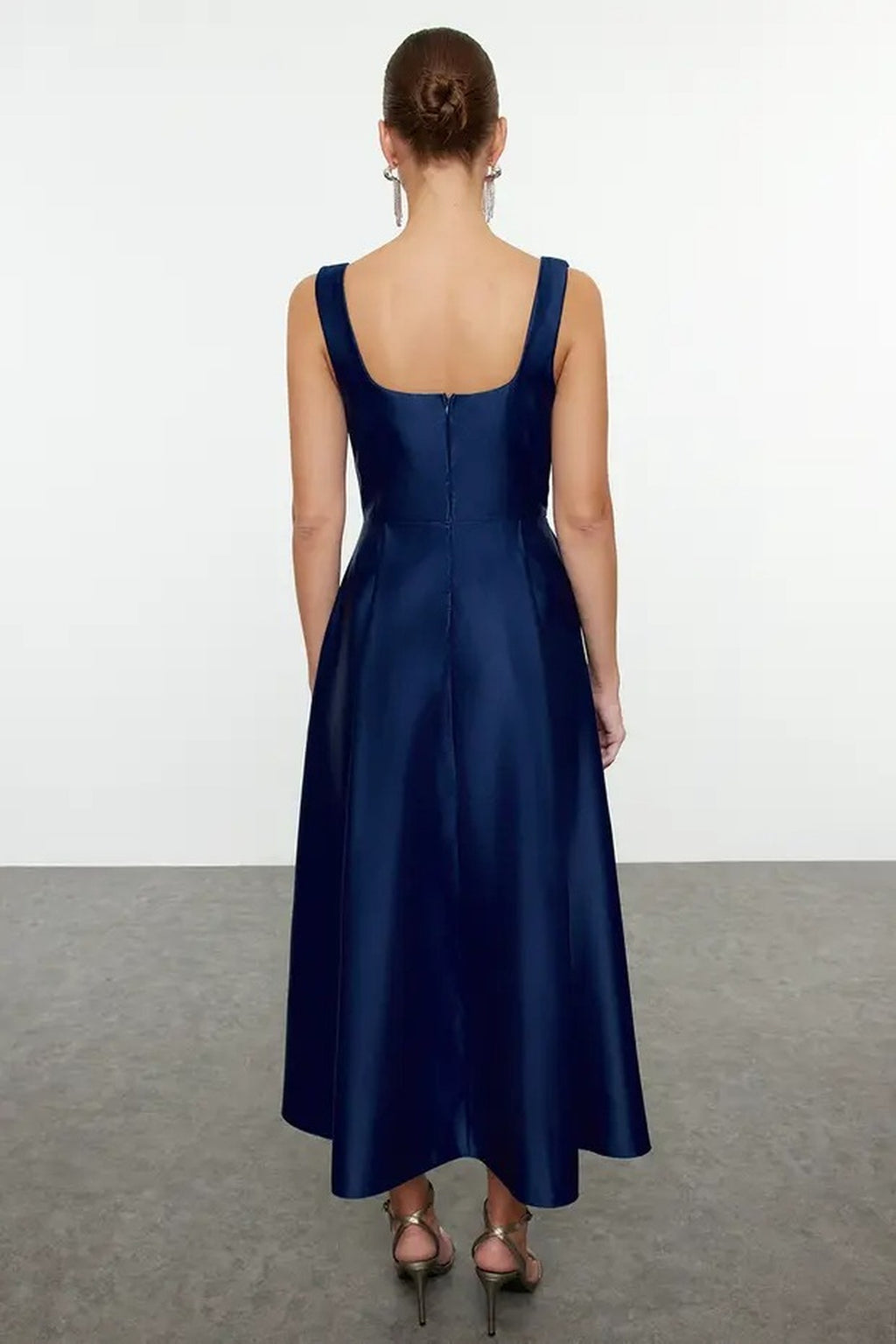 Square Neck Thick Strap A-Line Satin Maxi Dress