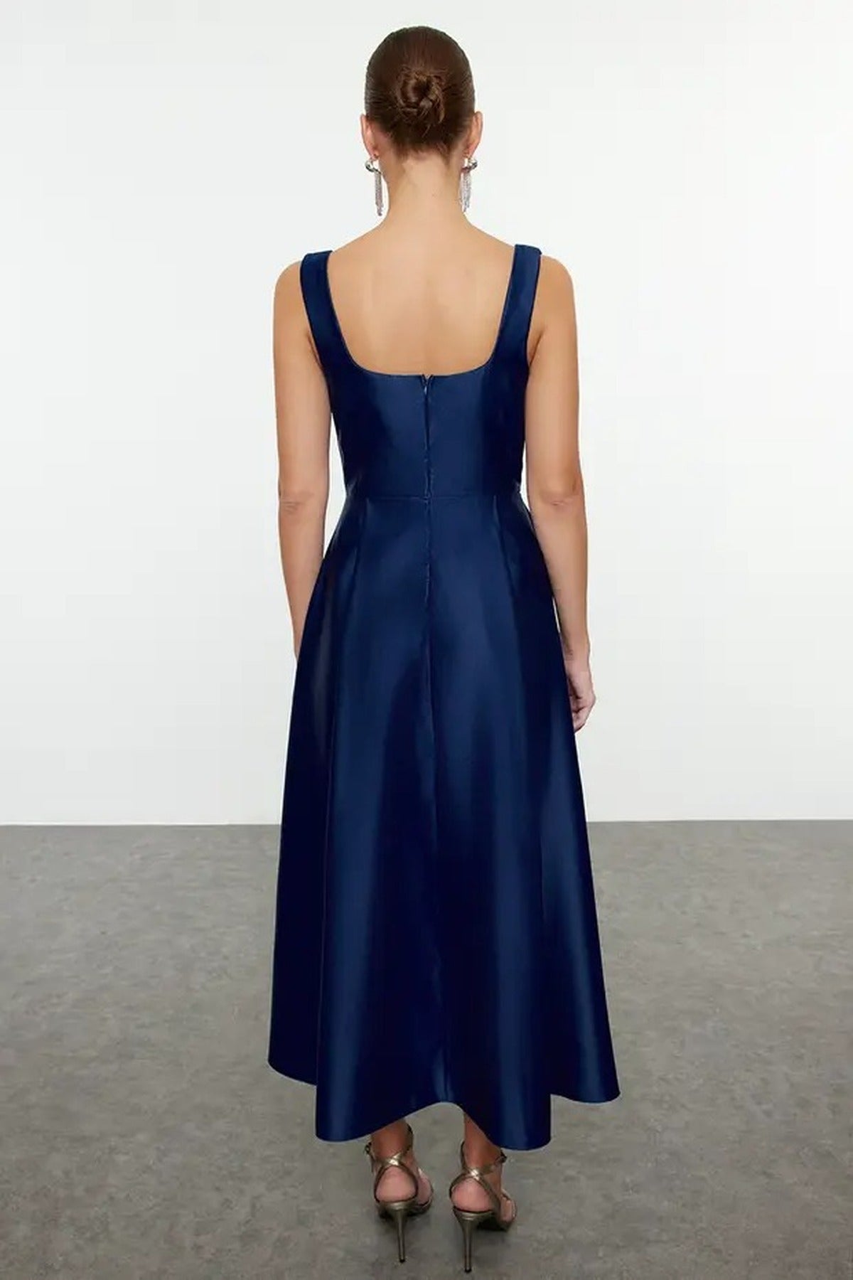 Square Neck Thick Strap A-Line Satin Maxi Dress